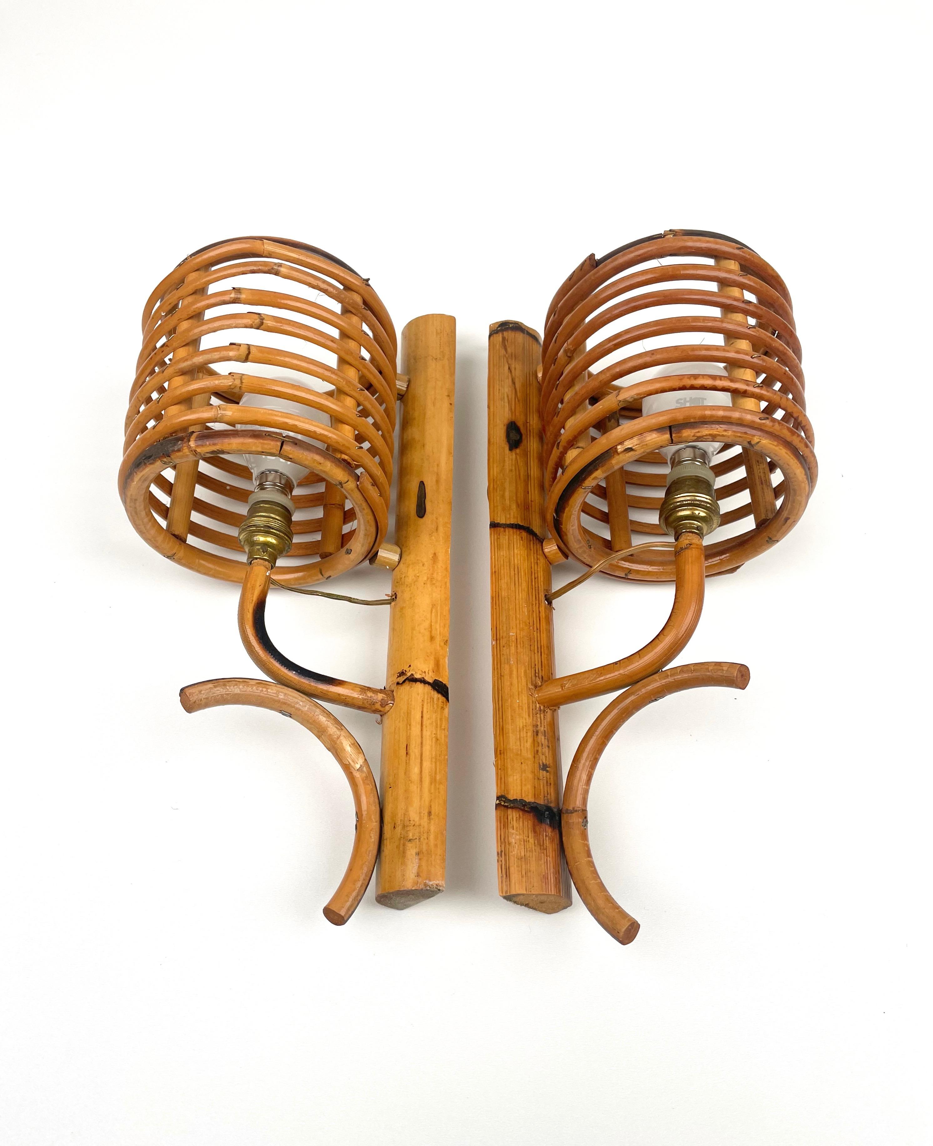 Pair of Sconces Lantern Rattan & Bamboo Attributed to Louis Sognot, France 1960s 4