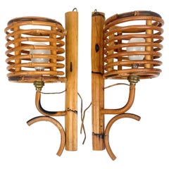 Pair of Sconces Lantern Rattan 
Bamboo Attributed to Louis Sognot, France 1960s