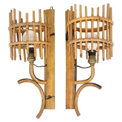 Pair of Sconces Lantern Rattan 
Bamboo Attributed to Louis Sognot, France 1960s