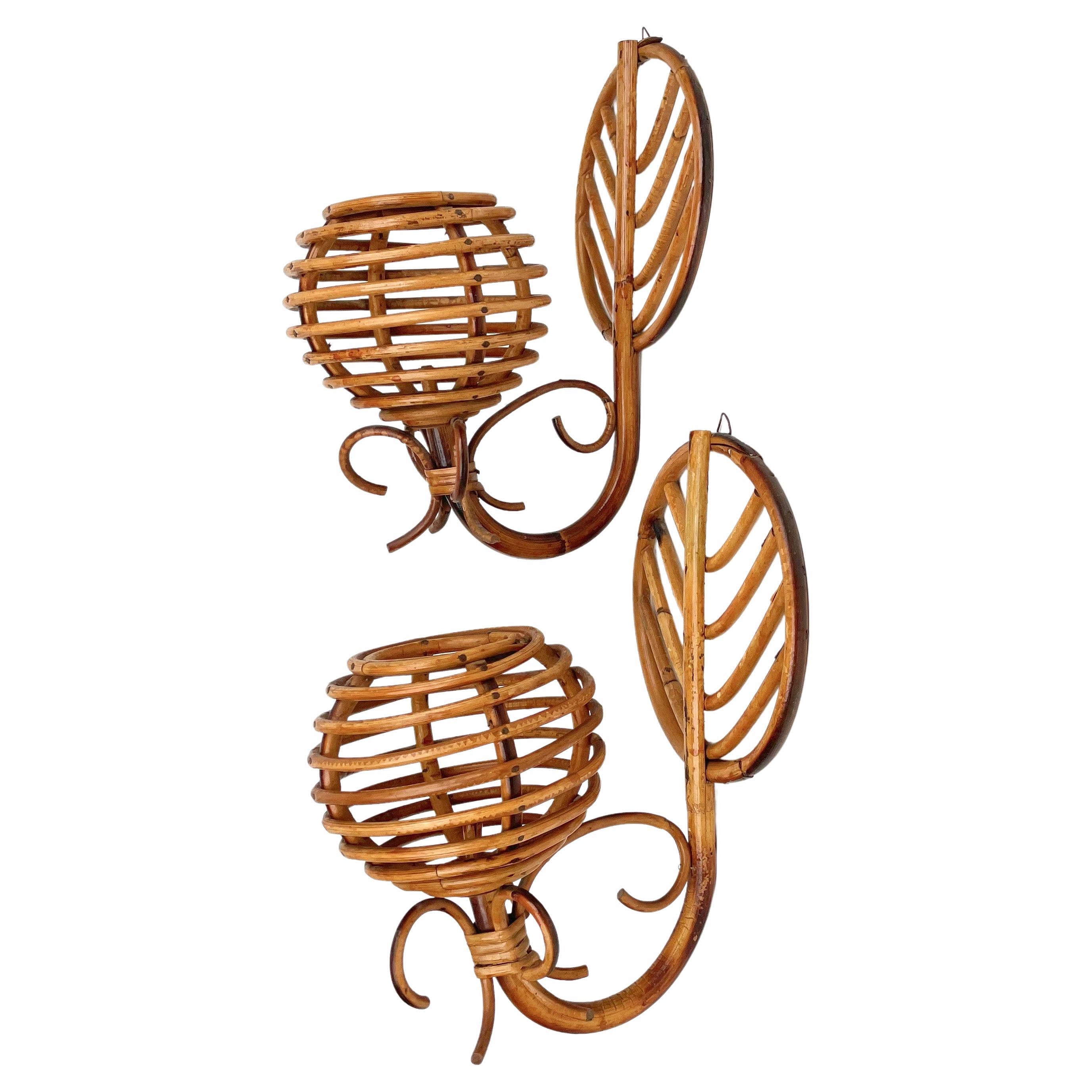 Pair of Sconces Lantern Rattan & Bamboo Attributed to Louis Sognot, France 1960s