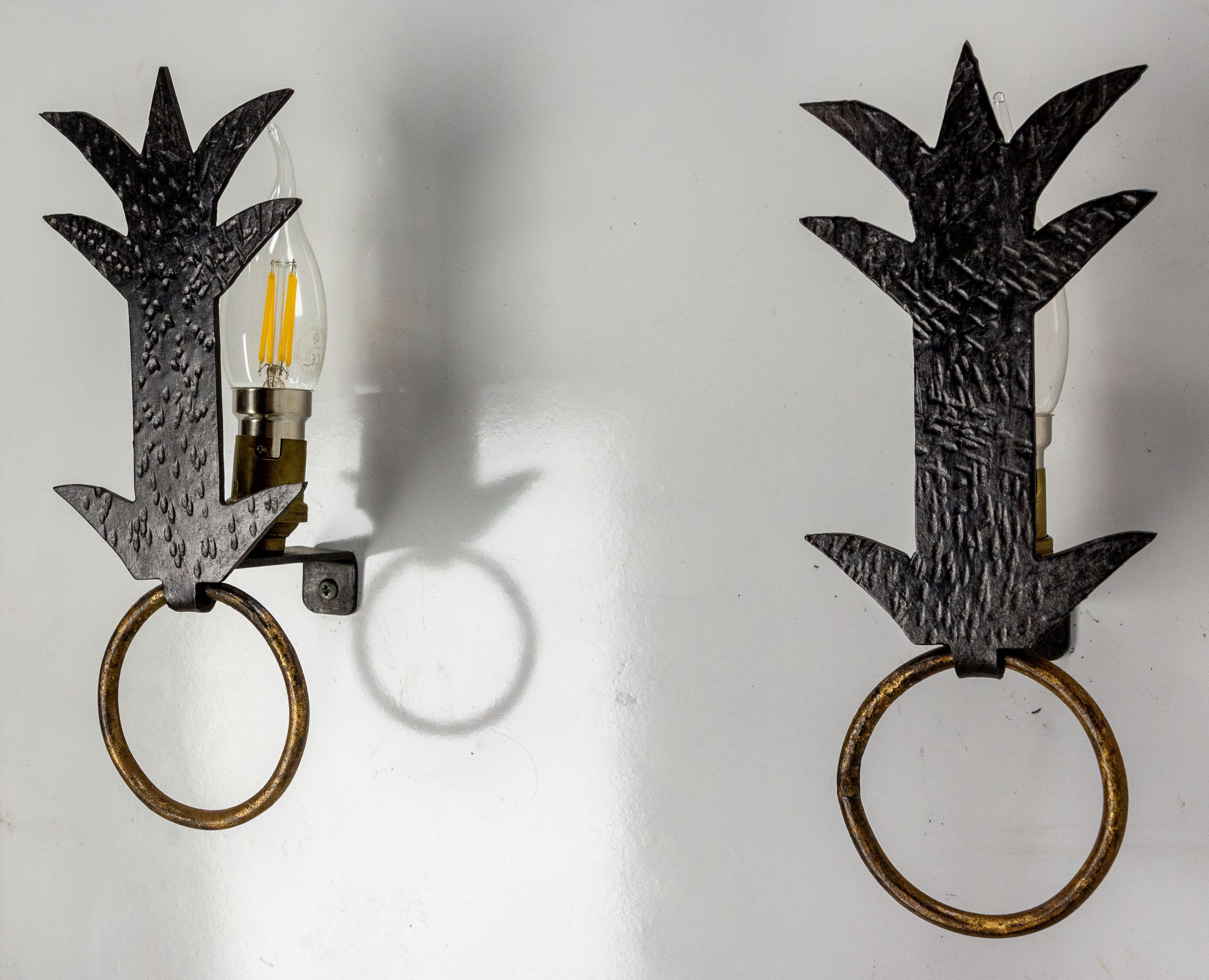 French Pair of Sconces Lanterns, Wrought Iron, circa 1960, France