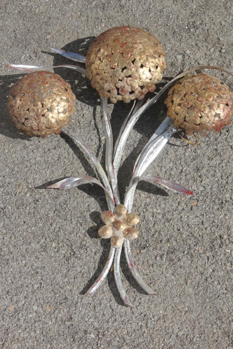 Pair of Sconces Metal Silver Gold Plated Italian Design Plant with Flowers 1950s For Sale 1