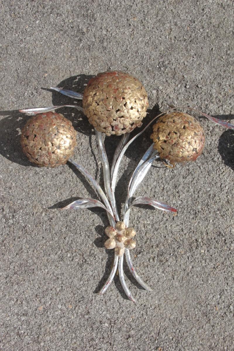 Pair of Sconces Metal Silver Gold Plated Italian Design Plant with Flowers 1950s For Sale 2