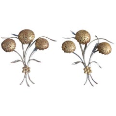 Vintage Pair of Sconces Metal Silver Gold Plated Italian Design Plant with Flowers 1950s