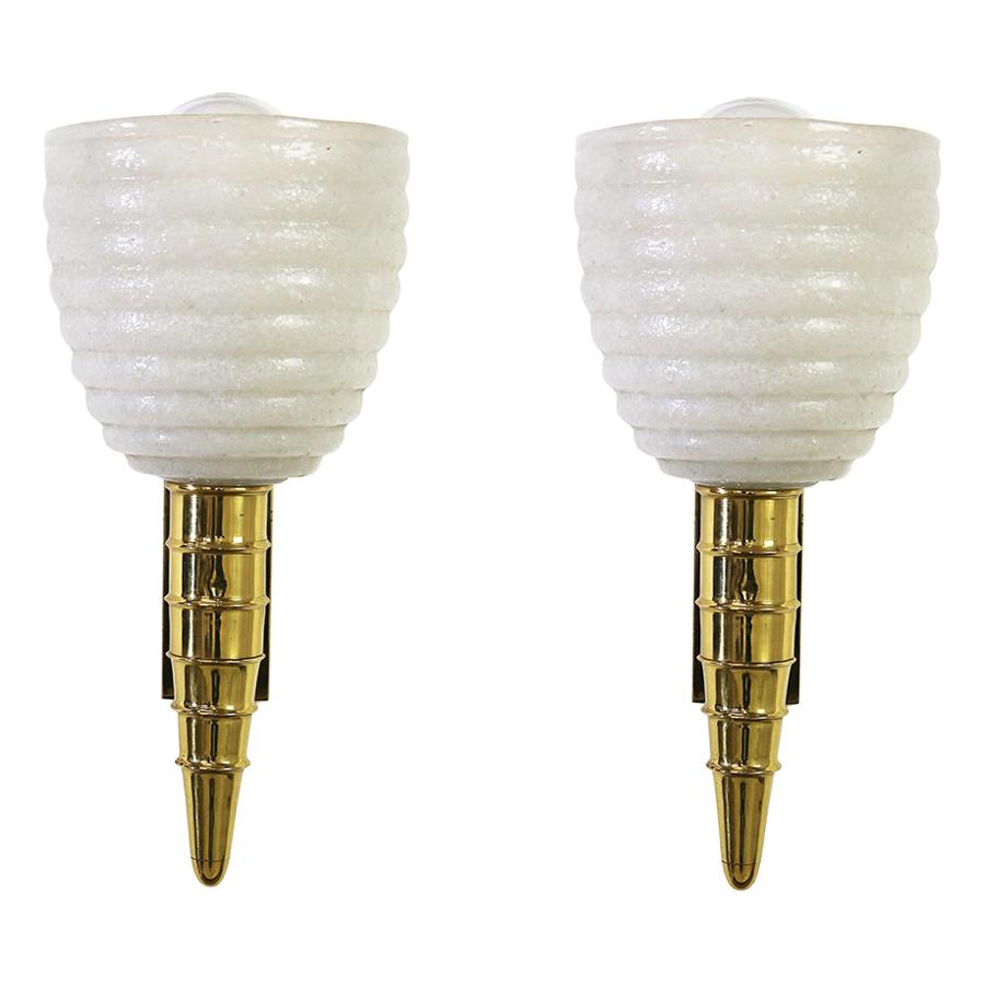 Pair of Sconces by Barovier & Toso in Murano Glass and Brass 1960s