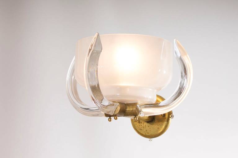 Art Glass Pair of Sconces Milk Color with Clear Horns in Blown Murano Glass 1960s Italy For Sale