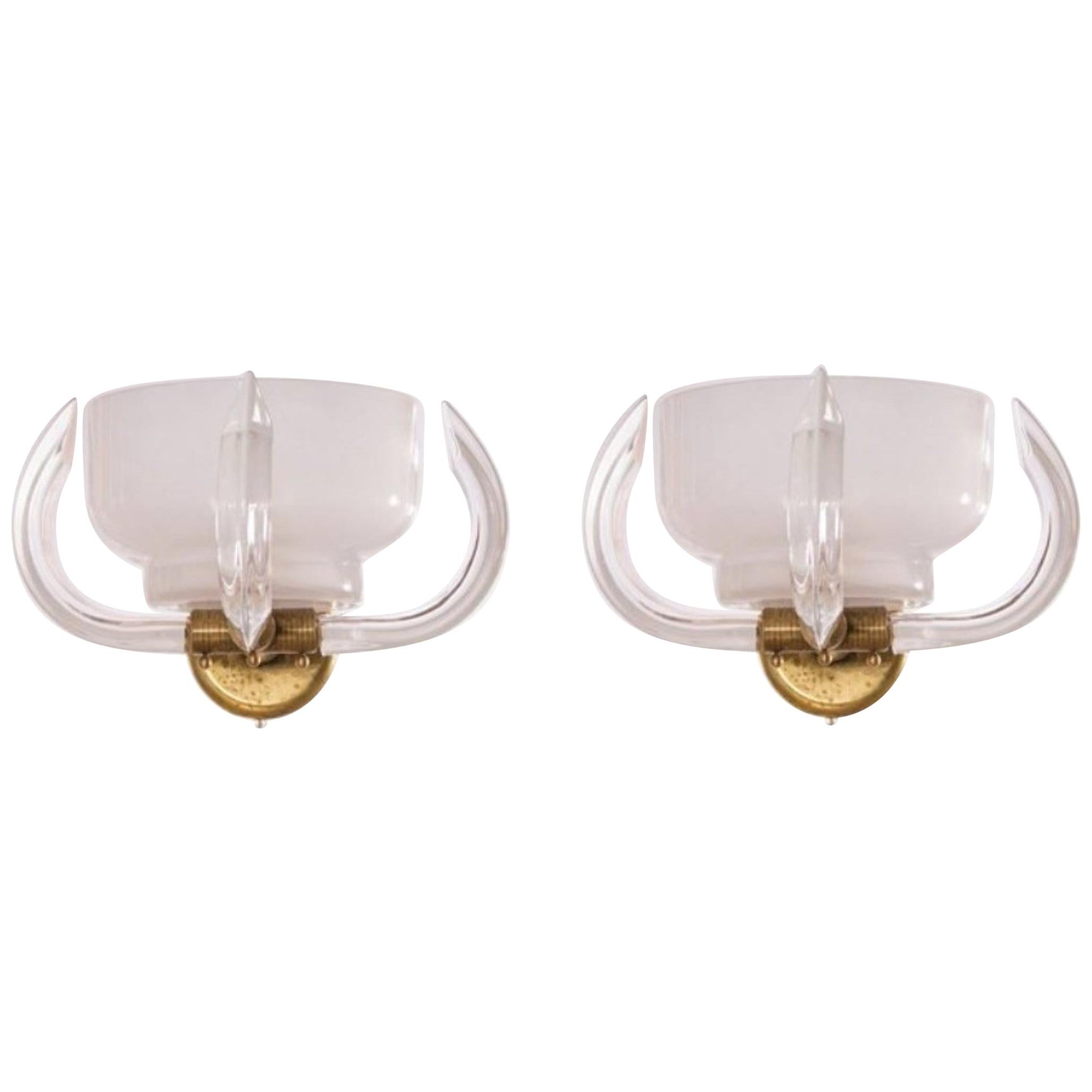 Pair of Sconces Milk Color with Clear Horns in Blown Murano Glass 1960s Italy