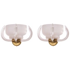 Vintage Pair of Sconces Milk Color with Clear Horns in Blown Murano Glass 1960s Italy
