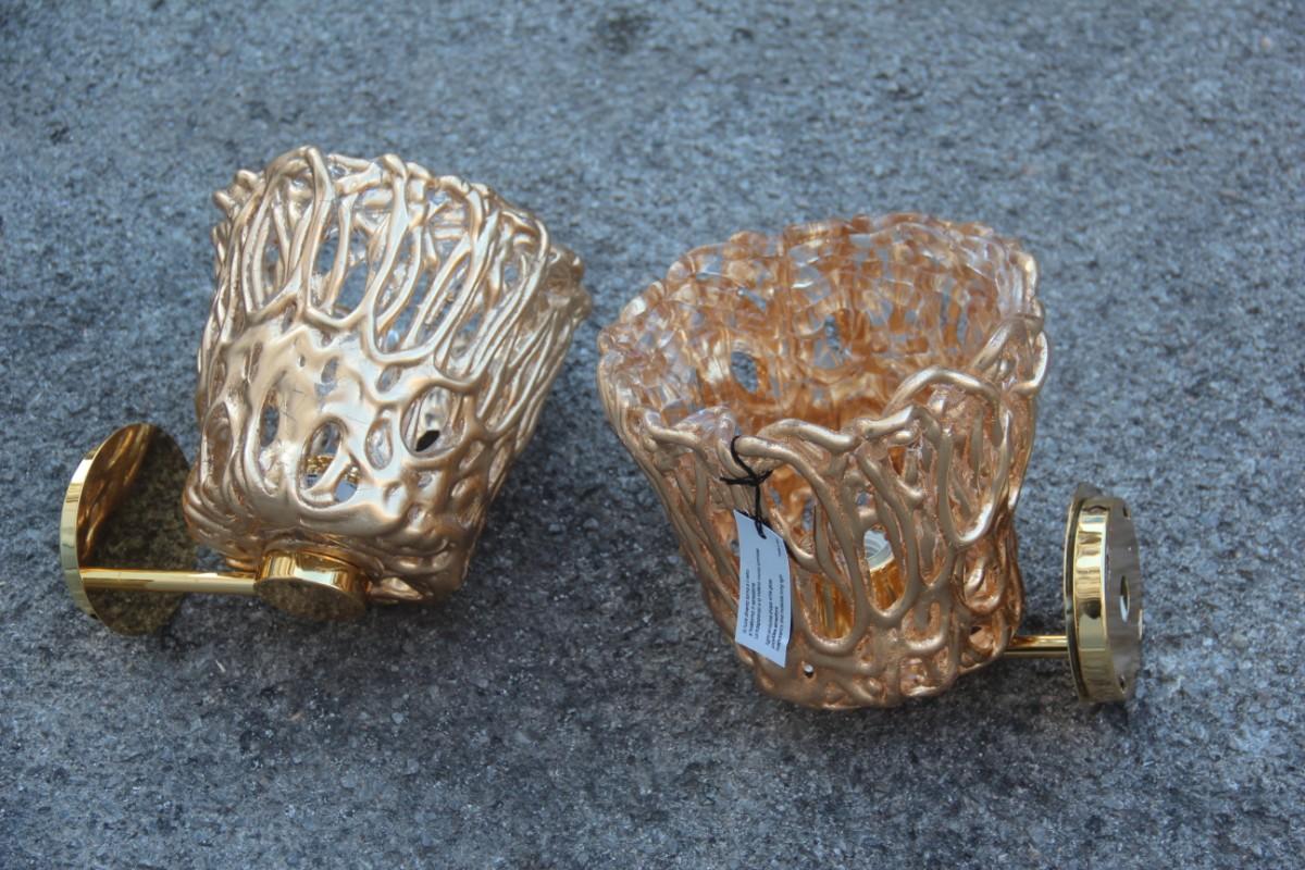 Pair of Sconces Modern Italian Design Gold Leaf Murano Glass Vintage Murano Luce For Sale 4