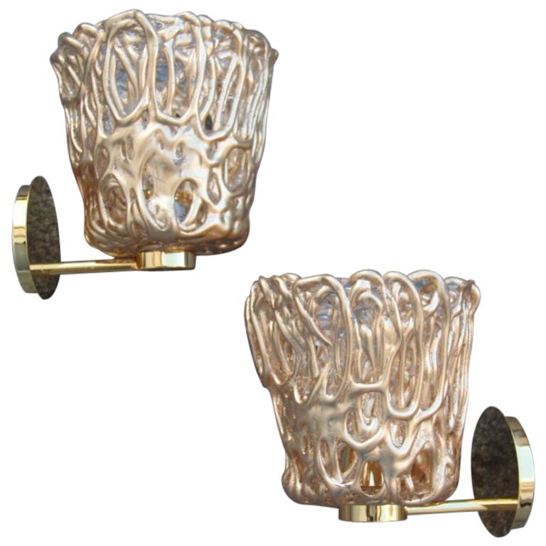 Pair of Sconces Modern Italian Design Gold Leaf Murano Glass Vintage Murano Luce