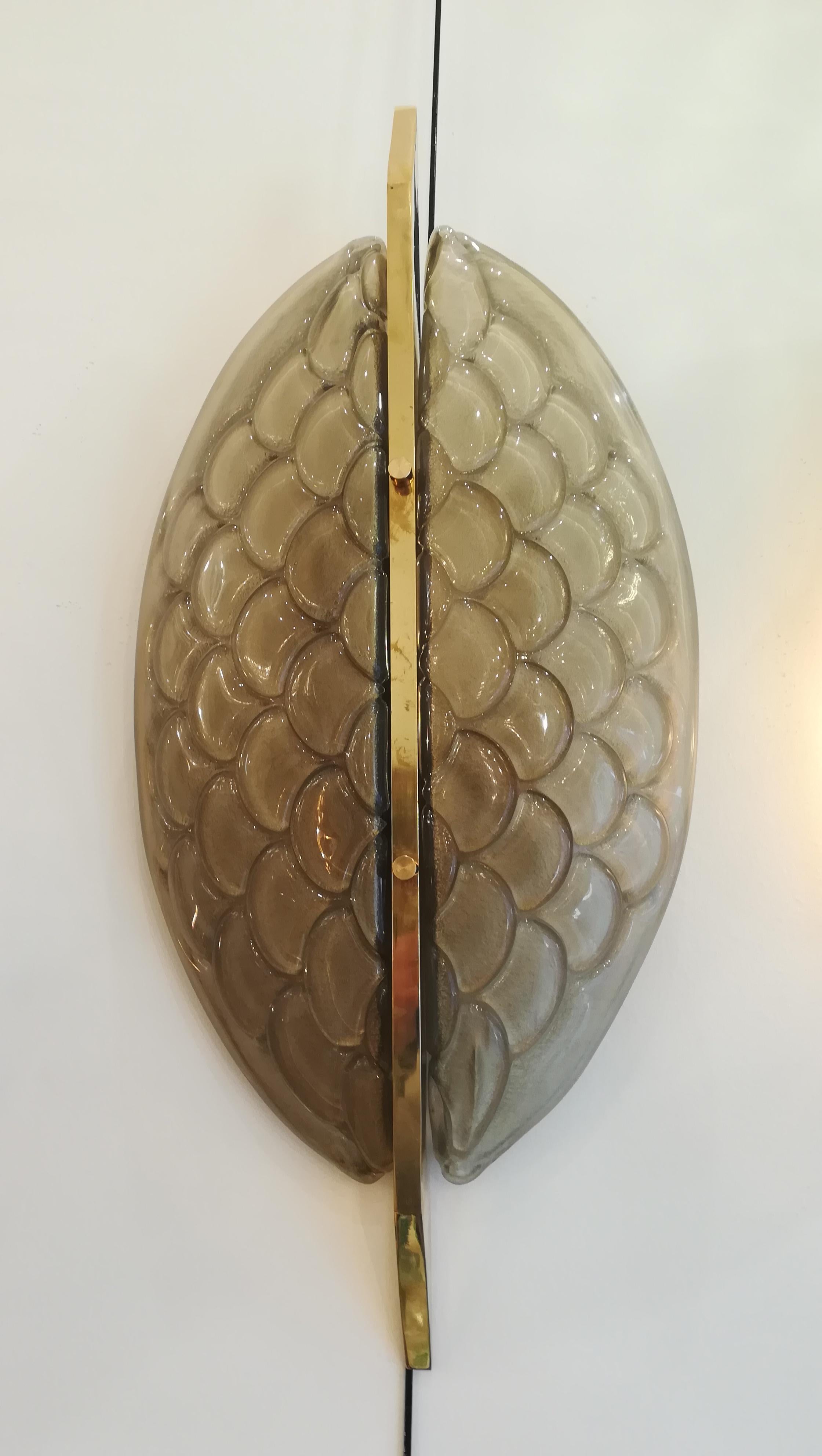 Pair of sconces, Murano glass fish scale effect, and brass.