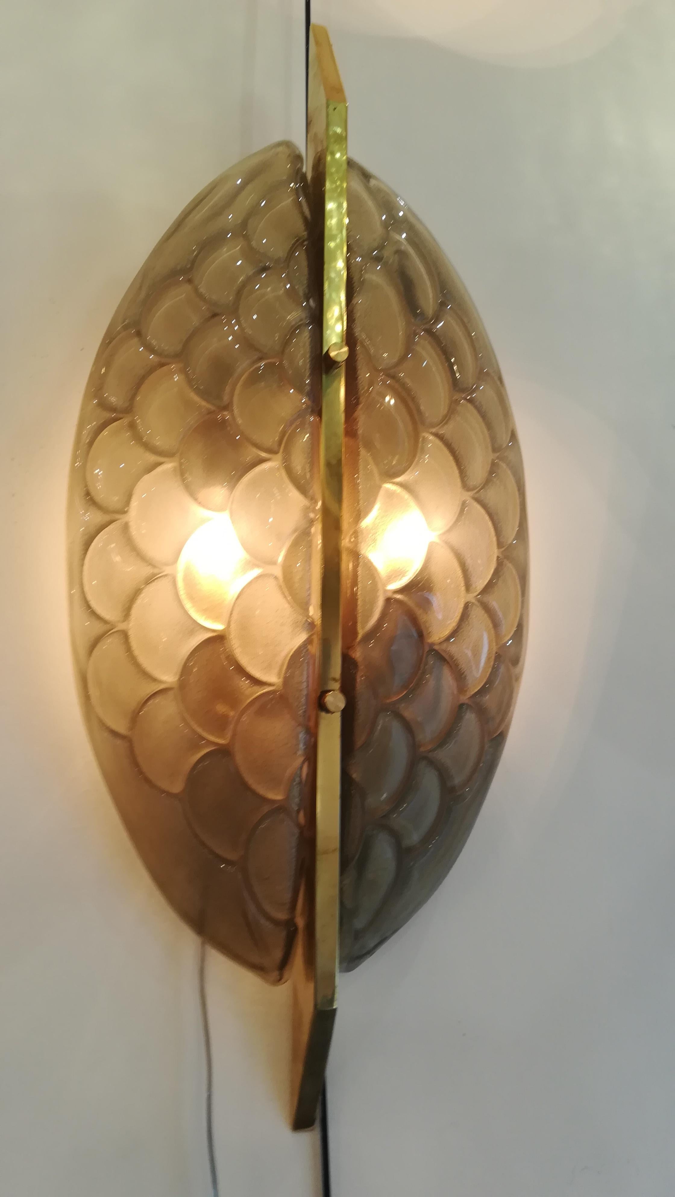 Italian Pair of Sconces, Murano Glass and Brass For Sale
