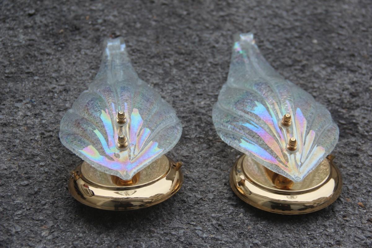 Modern Pair of Sconces Murano Iridescent Glass with Golden Brass Leaf Italian Design For Sale