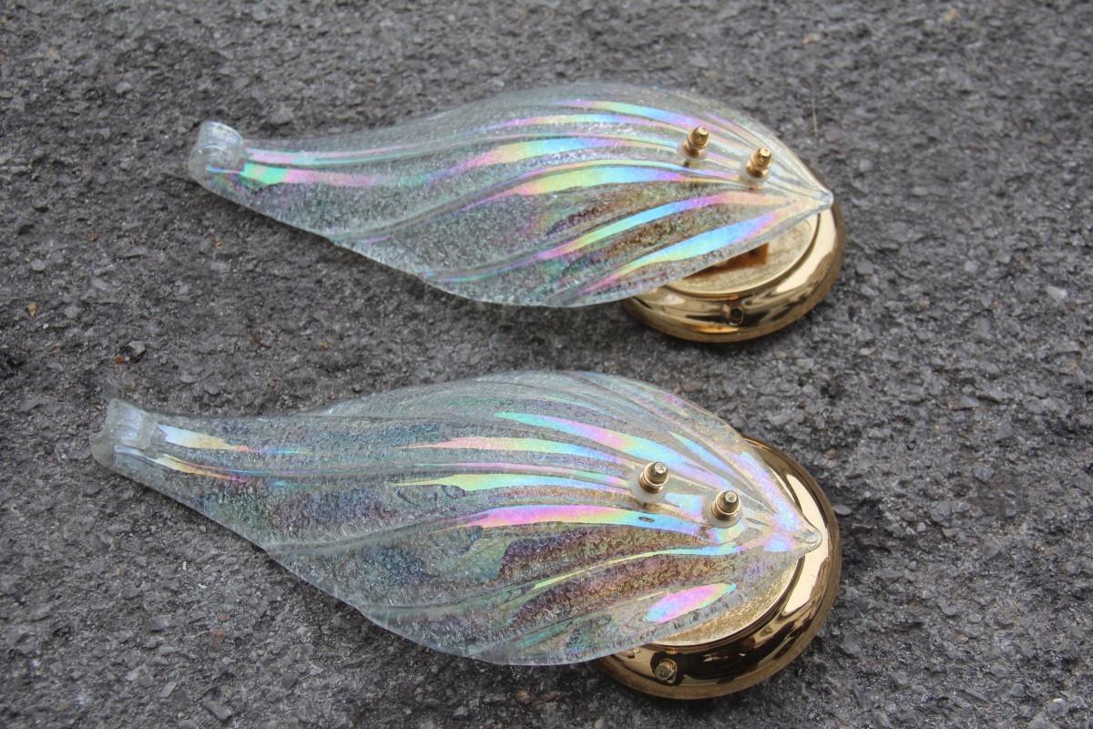 Pair of Sconces Murano Iridescent Glass with Golden Brass Leaf Italian Design For Sale 2