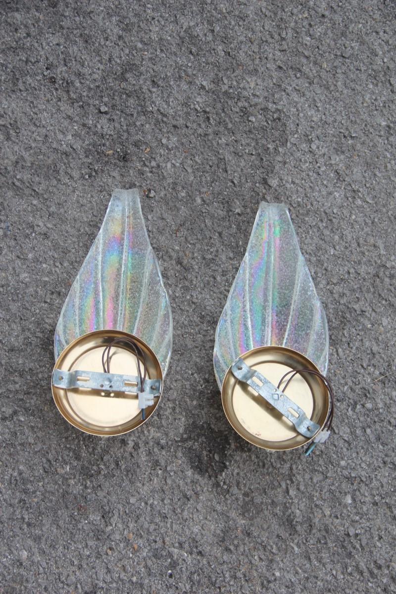 Pair of Sconces Murano Iridescent Glass with Golden Brass Leaf Italian Design For Sale 3