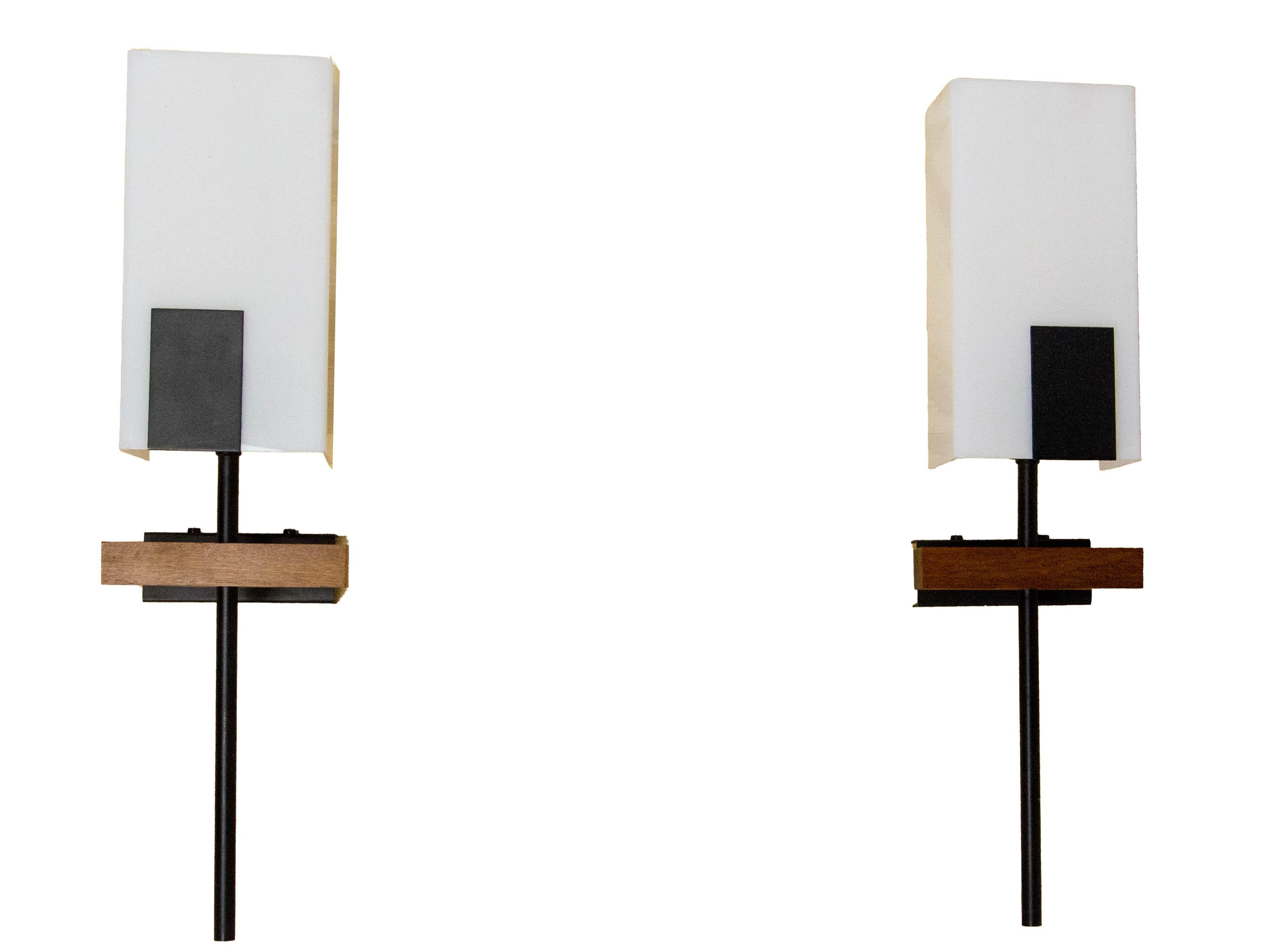 Mid-Century Modern Pair of Sconces Opalin Glass, Black Metal & Teak circa 1960 France For Sale