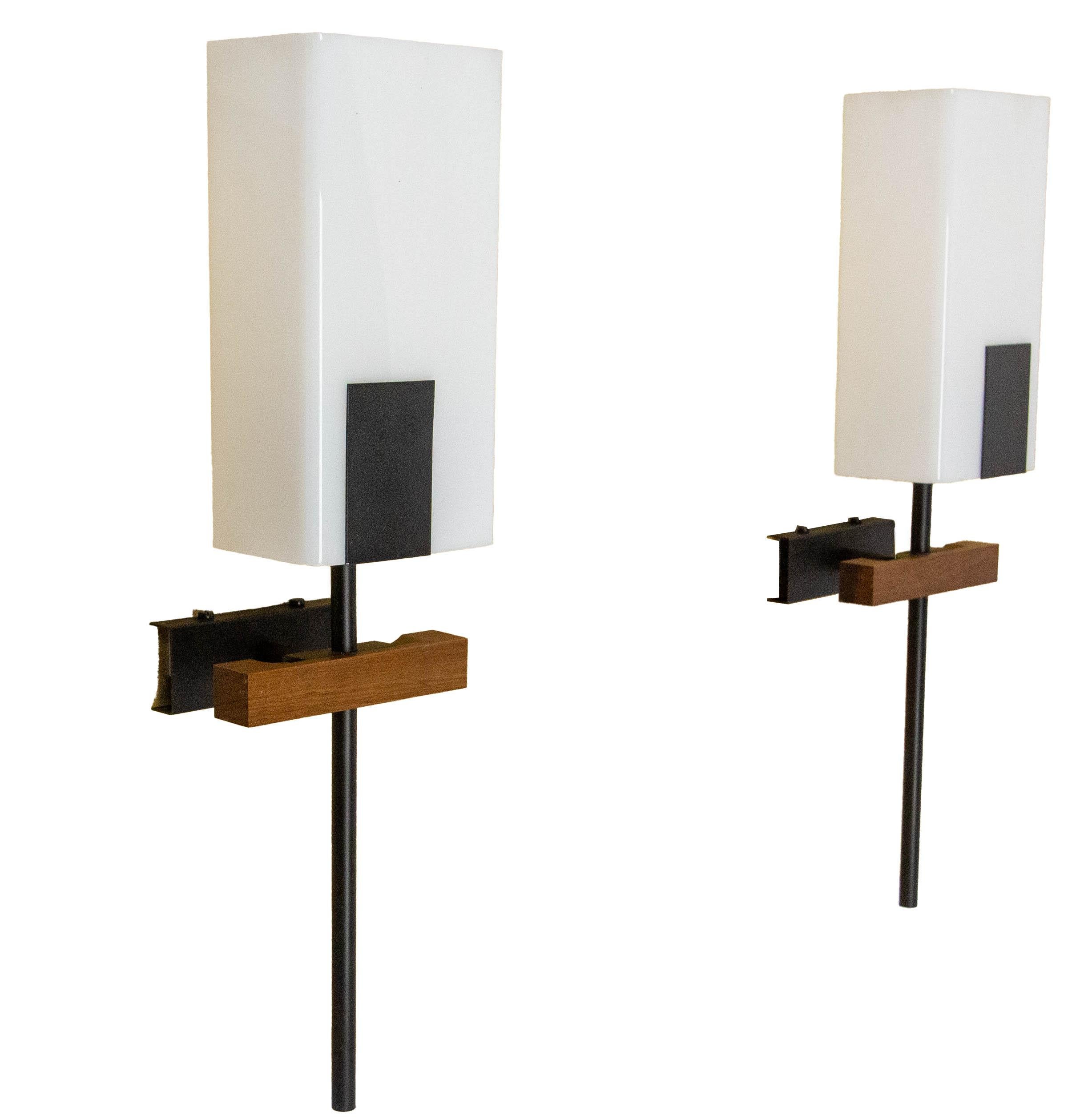 French Pair of Sconces Opalin Glass, Black Metal & Teak circa 1960 France For Sale