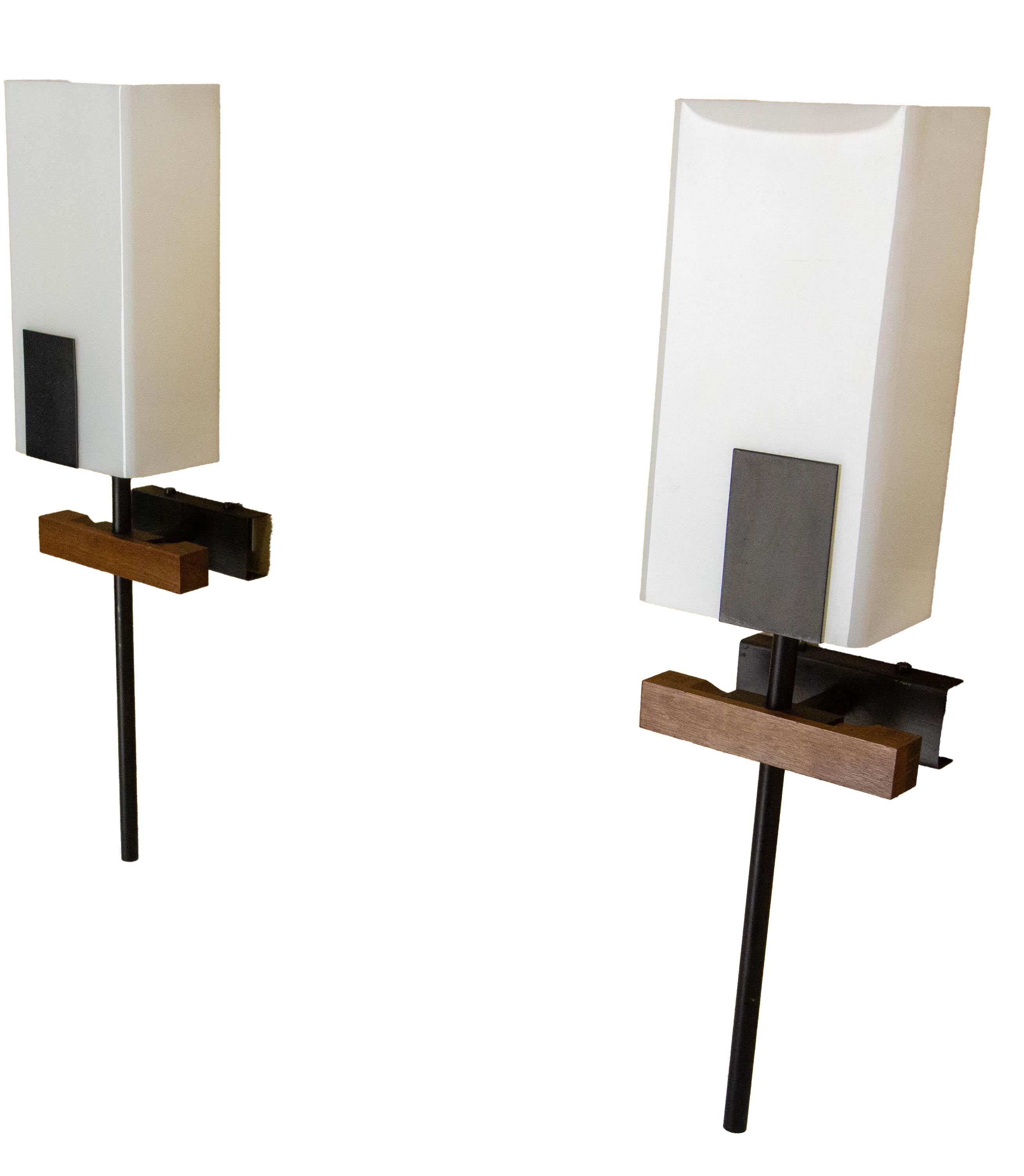 Mid-20th Century Pair of Sconces Opalin Glass, Black Metal & Teak circa 1960 France For Sale