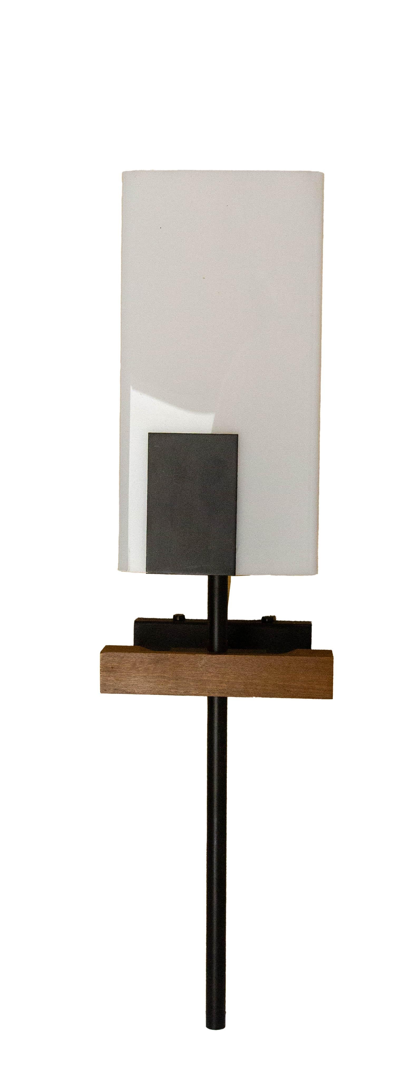 Pair of Sconces Opalin Glass, Black Metal & Teak circa 1960 France For Sale 1
