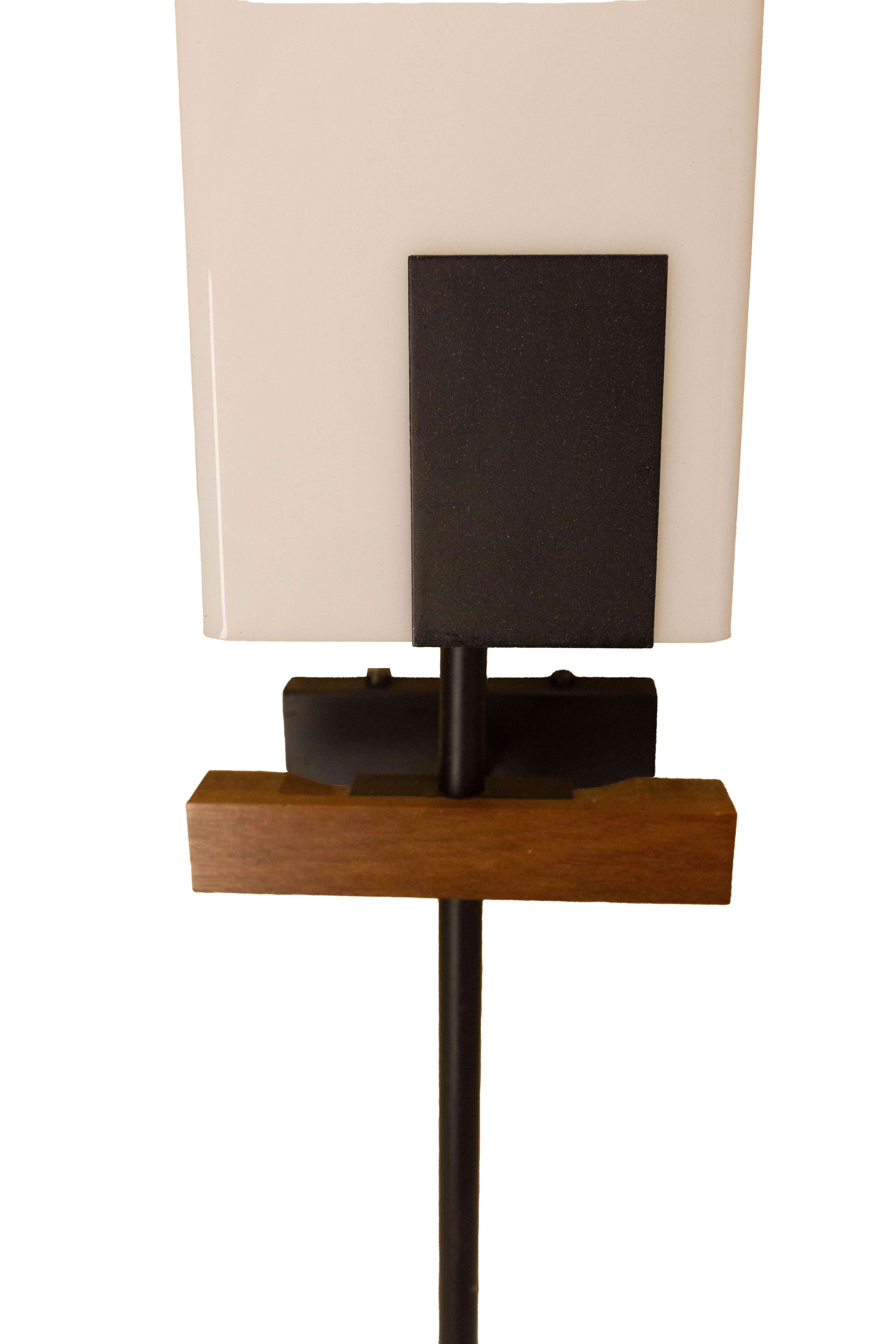 Pair of Sconces Opalin Glass, Black Metal & Teak circa 1960 France For Sale 2