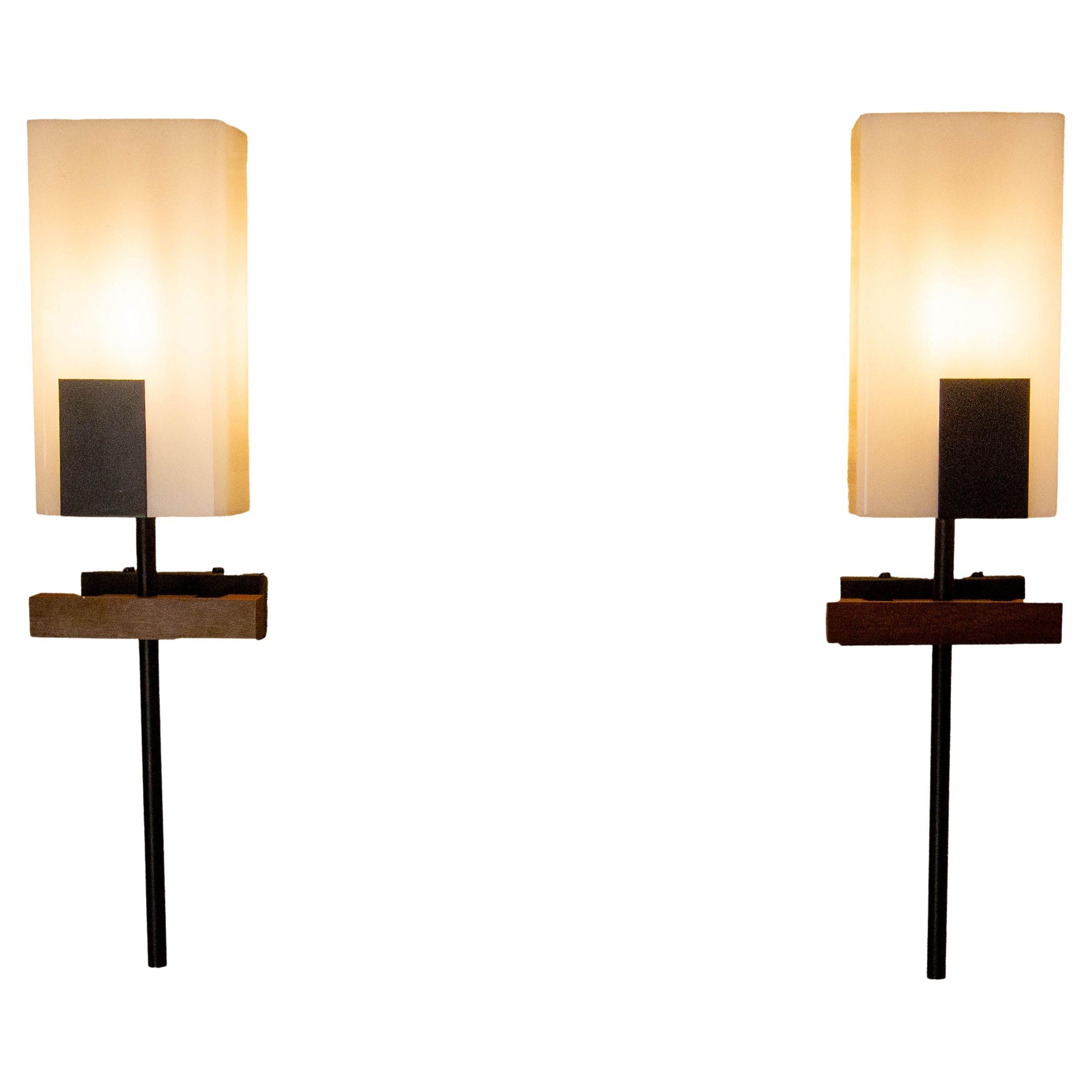 Pair of Sconces Opalin Glass, Black Metal & Teak circa 1960 France