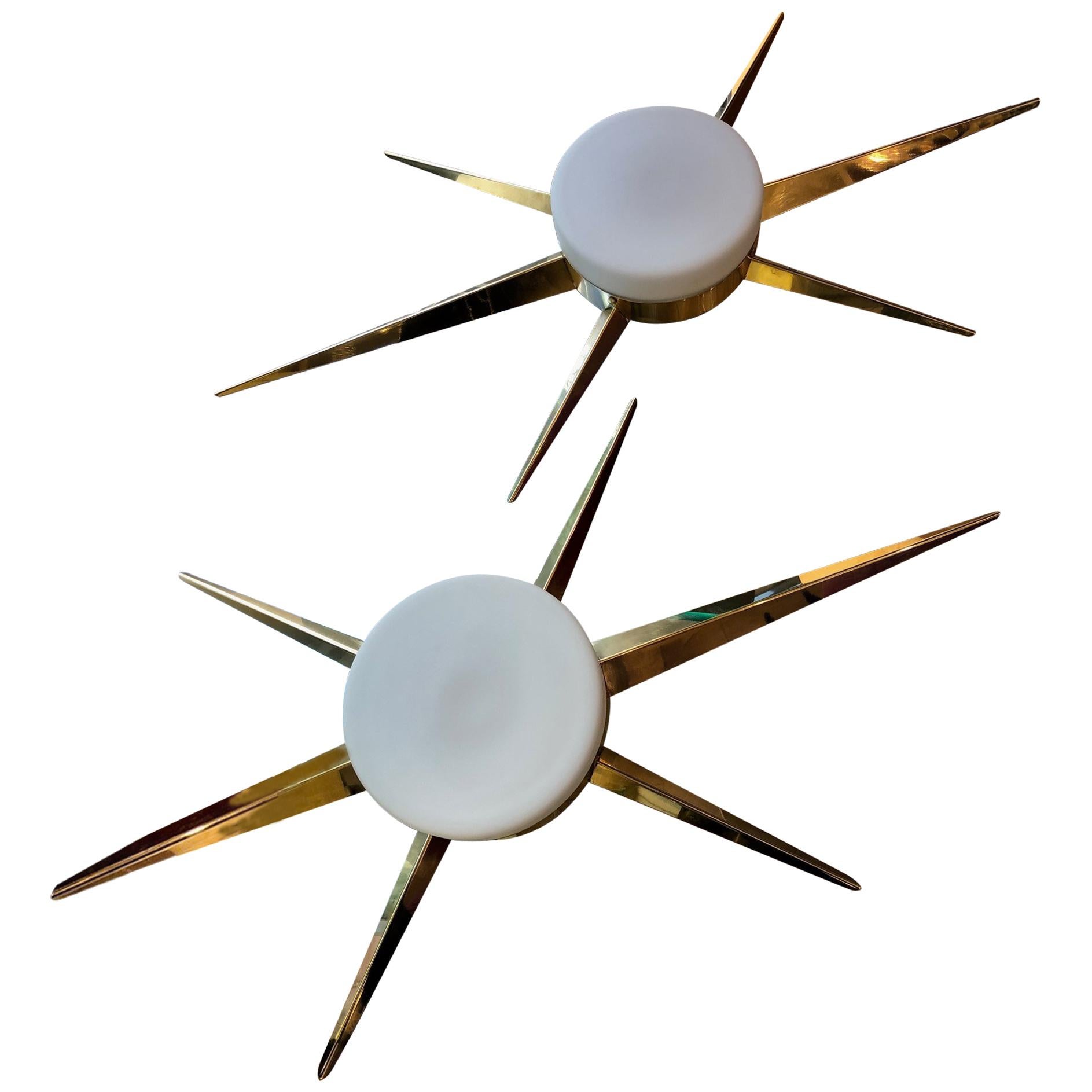 Pair of Sconces or Ceiling Light in Brass and Frosted Opal Glass