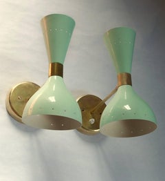 Coppia di lampade a bilico in stile Stilnovo, doppia lampadina, Jbox, ottone massiccio patinato