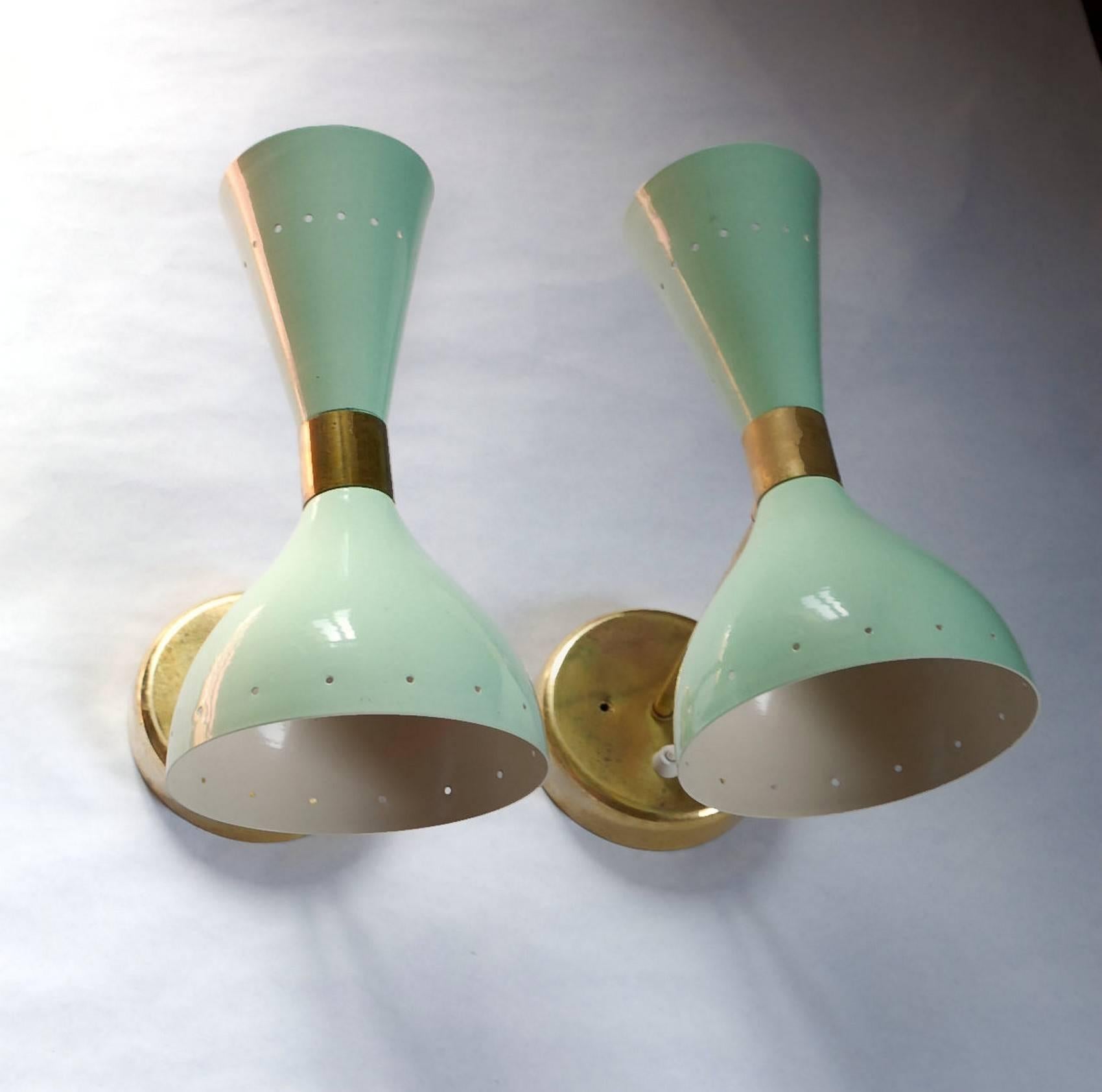 Mid-Century Modern Pair of Sconces Pivot Shade Stilnovo Style, Twin Bulb, Jbox, Solid Brass Patina For Sale