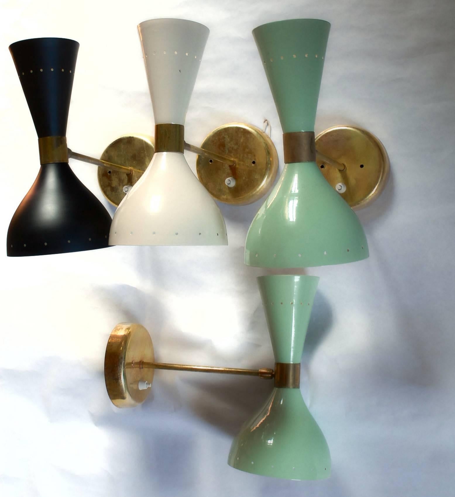 Pair of Sconces Pivot Shade Stilnovo Style, Twin Bulb, Jbox, Solid Brass Patina In Excellent Condition For Sale In Tavarnelle val di Pesa, Florence
