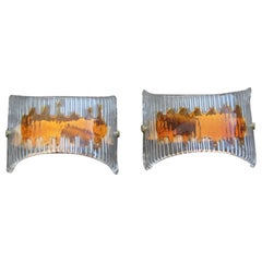 Pair of Sconces Rectangular Murano Glass Mazzega Yellow Transparent, 1970