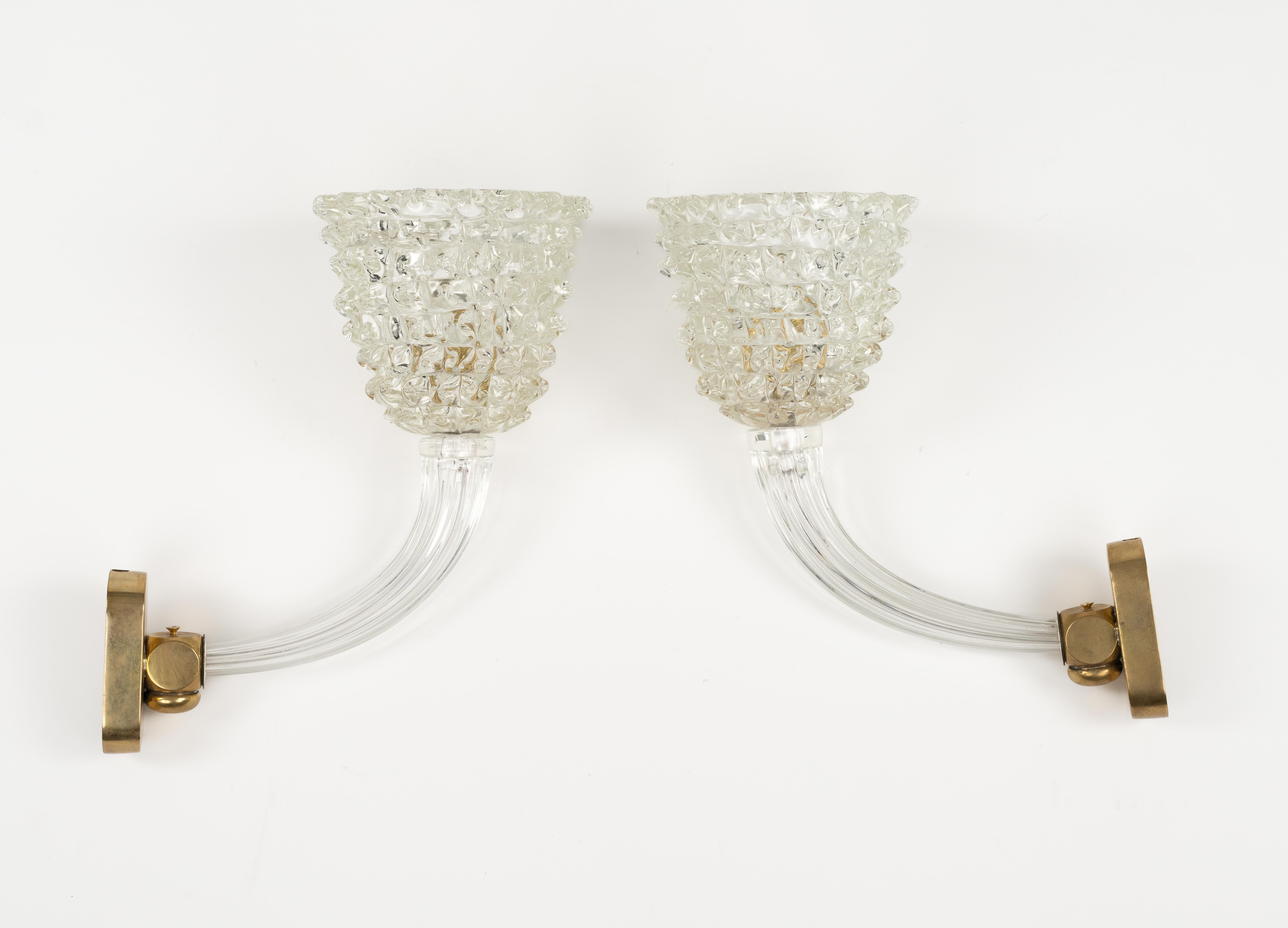 Pair of Sconces Rostrato Murano Glass & Brass Barovier & Toso Style, Italy 1950s For Sale 3
