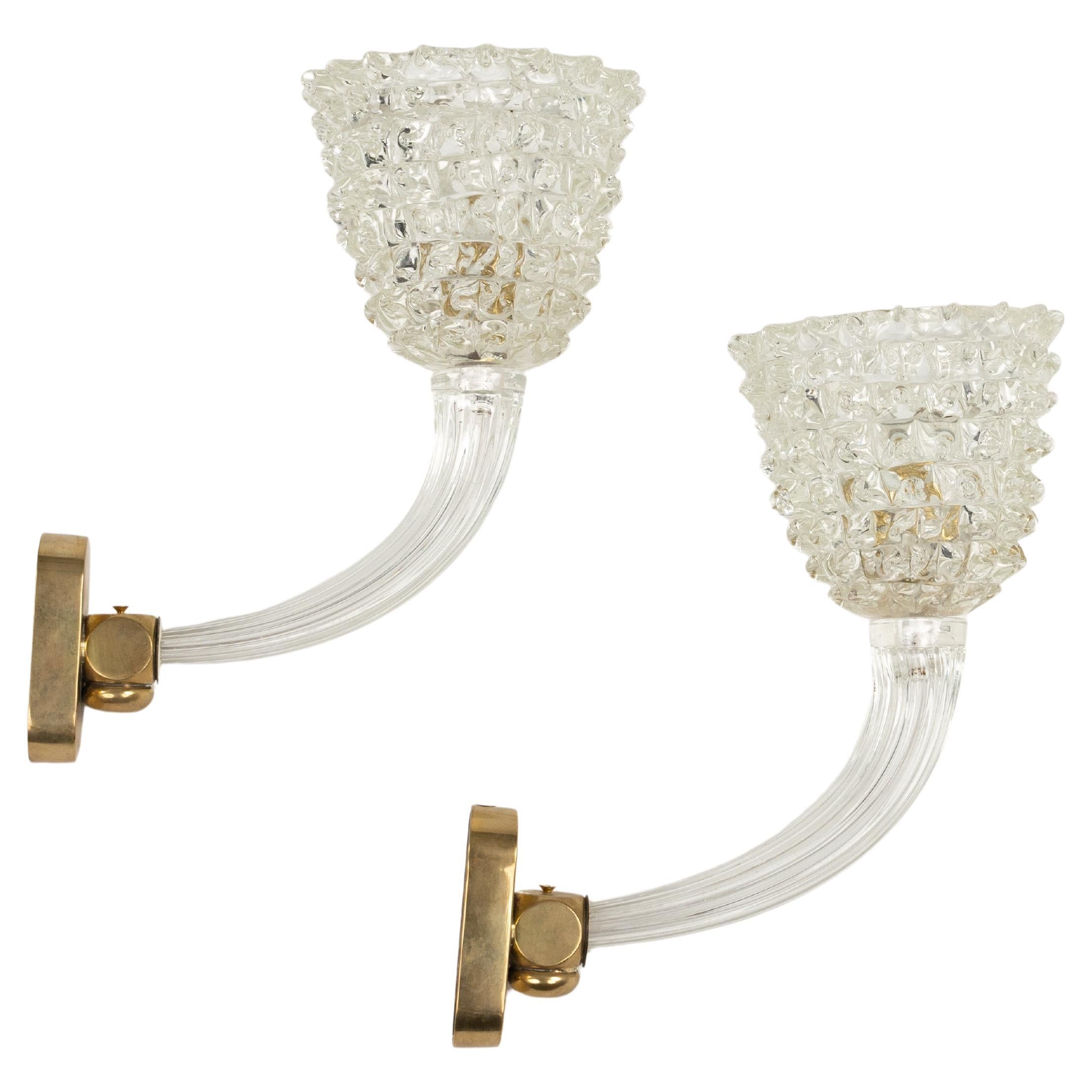 Pair of Sconces Rostrato Murano Glass & Brass Barovier & Toso Style, Italy 1950s For Sale 6