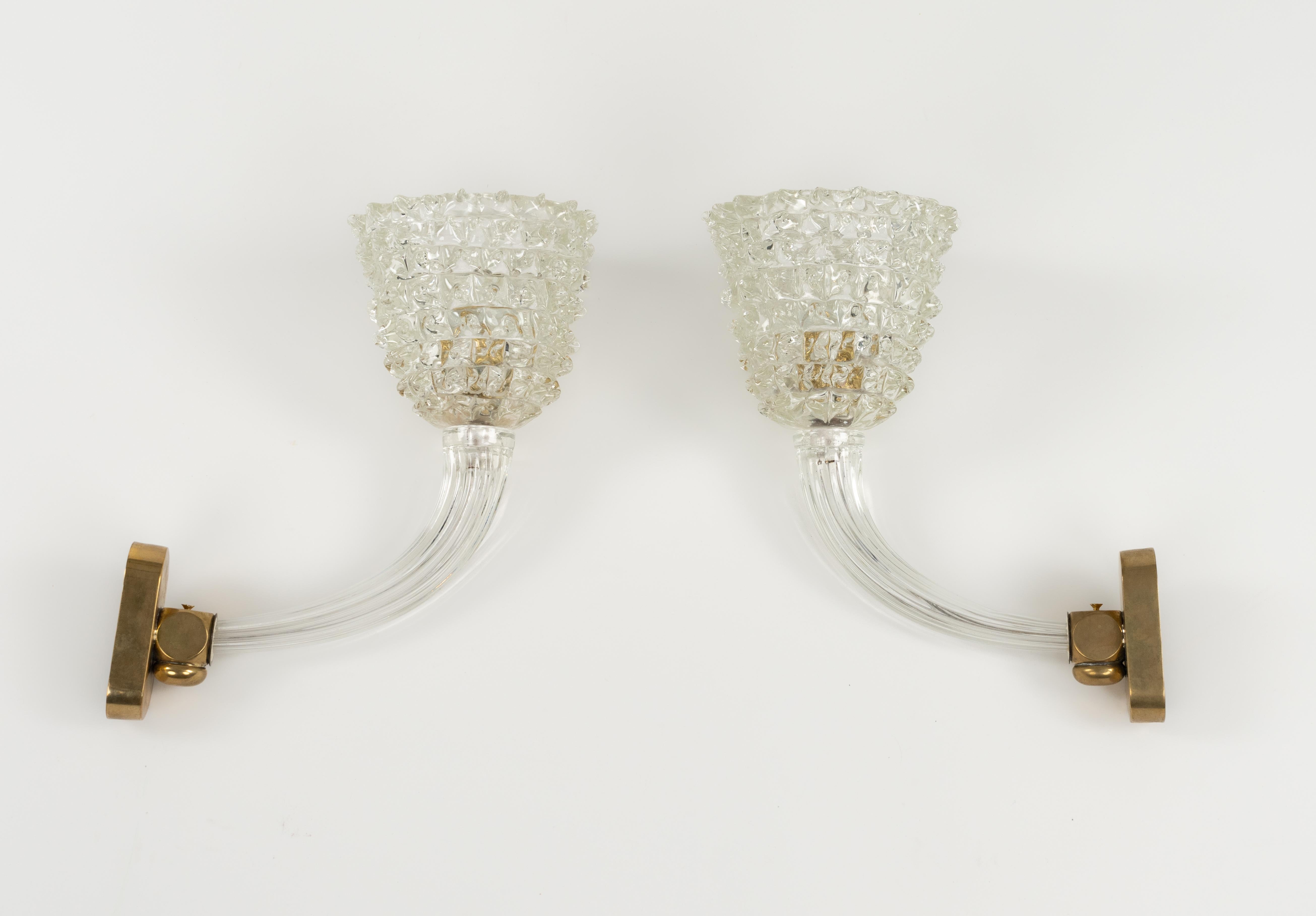 Mid-Century Modern Pair of Sconces Rostrato Murano Glass & Brass Barovier & Toso Style, Italy 1950s For Sale