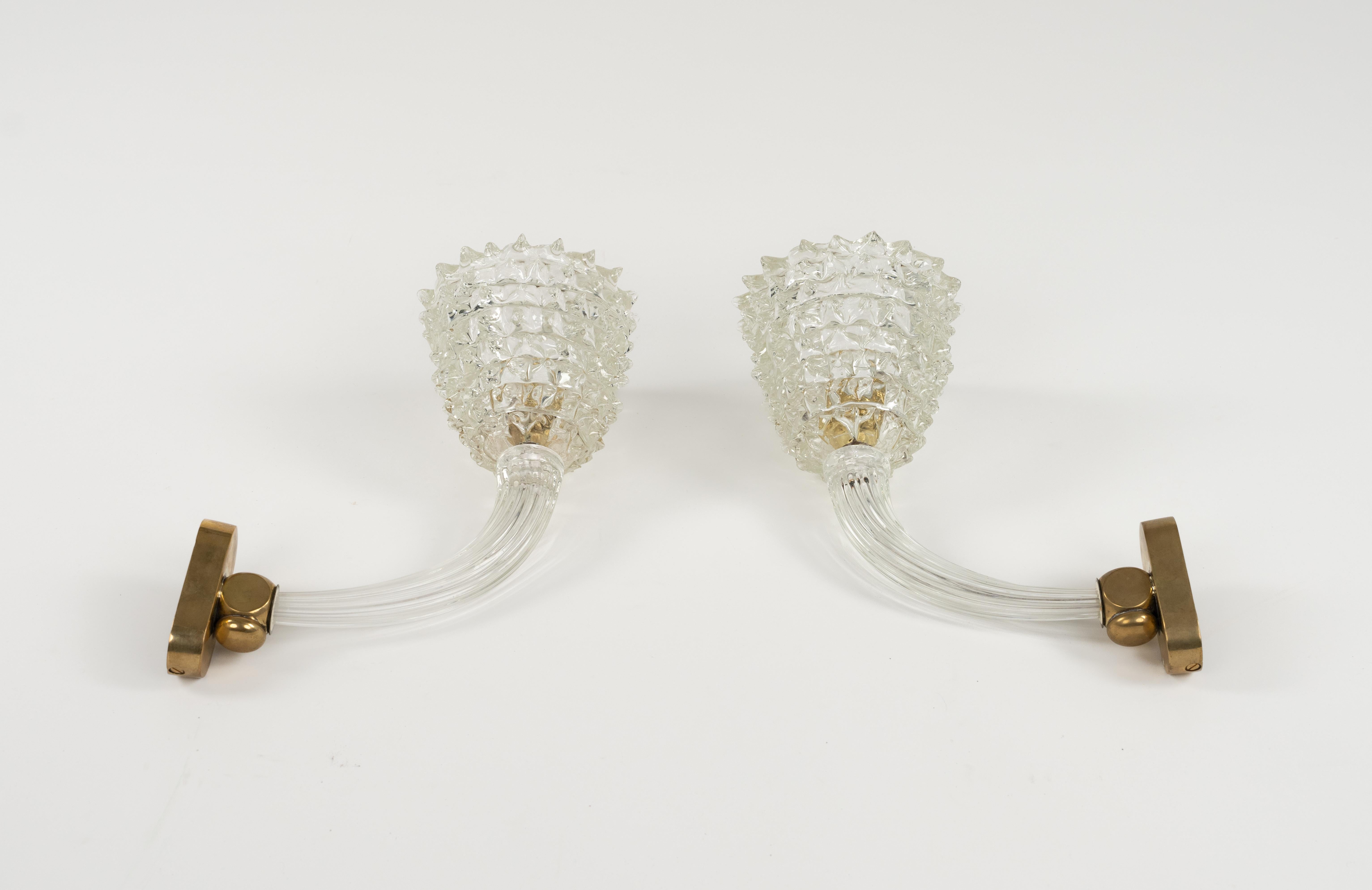 Italian Pair of Sconces Rostrato Murano Glass & Brass Barovier & Toso Style, Italy 1950s For Sale