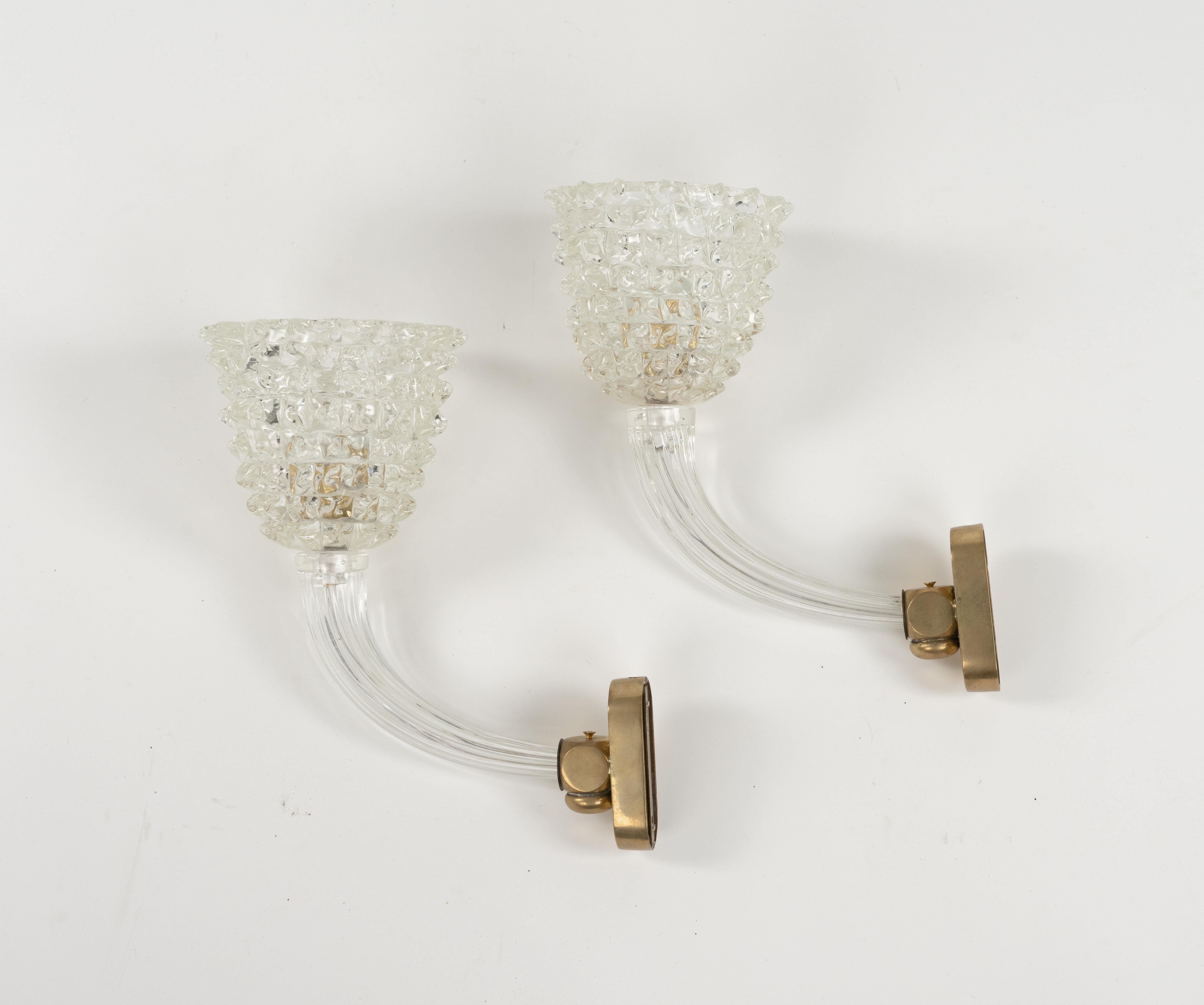 Pair of Sconces Rostrato Murano Glass & Brass Barovier & Toso Style, Italy 1950s In Good Condition For Sale In Rome, IT