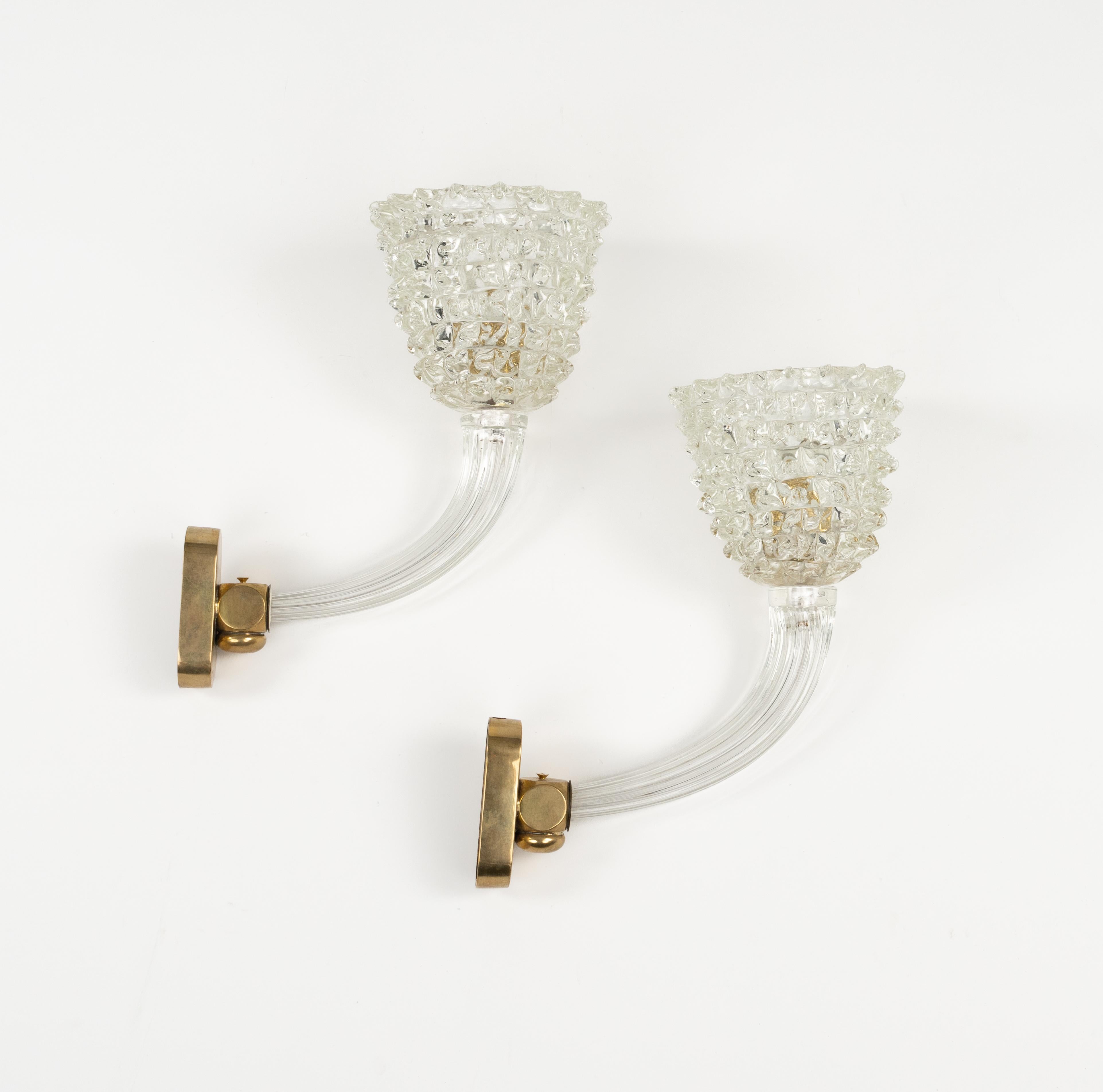 Metal Pair of Sconces Rostrato Murano Glass & Brass Barovier & Toso Style, Italy 1950s For Sale