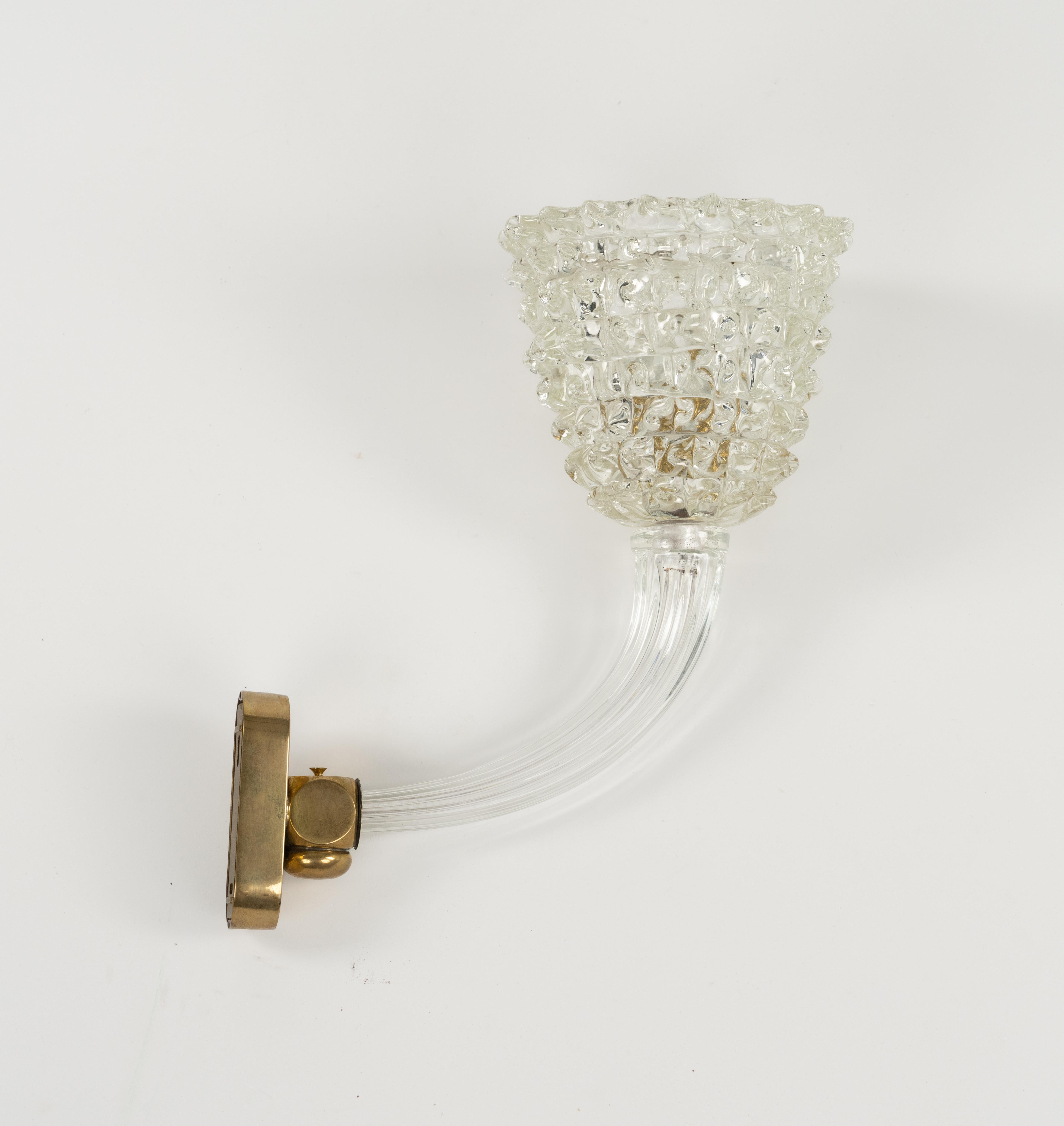 Pair of Sconces Rostrato Murano Glass & Brass Barovier & Toso Style, Italy 1950s For Sale 1