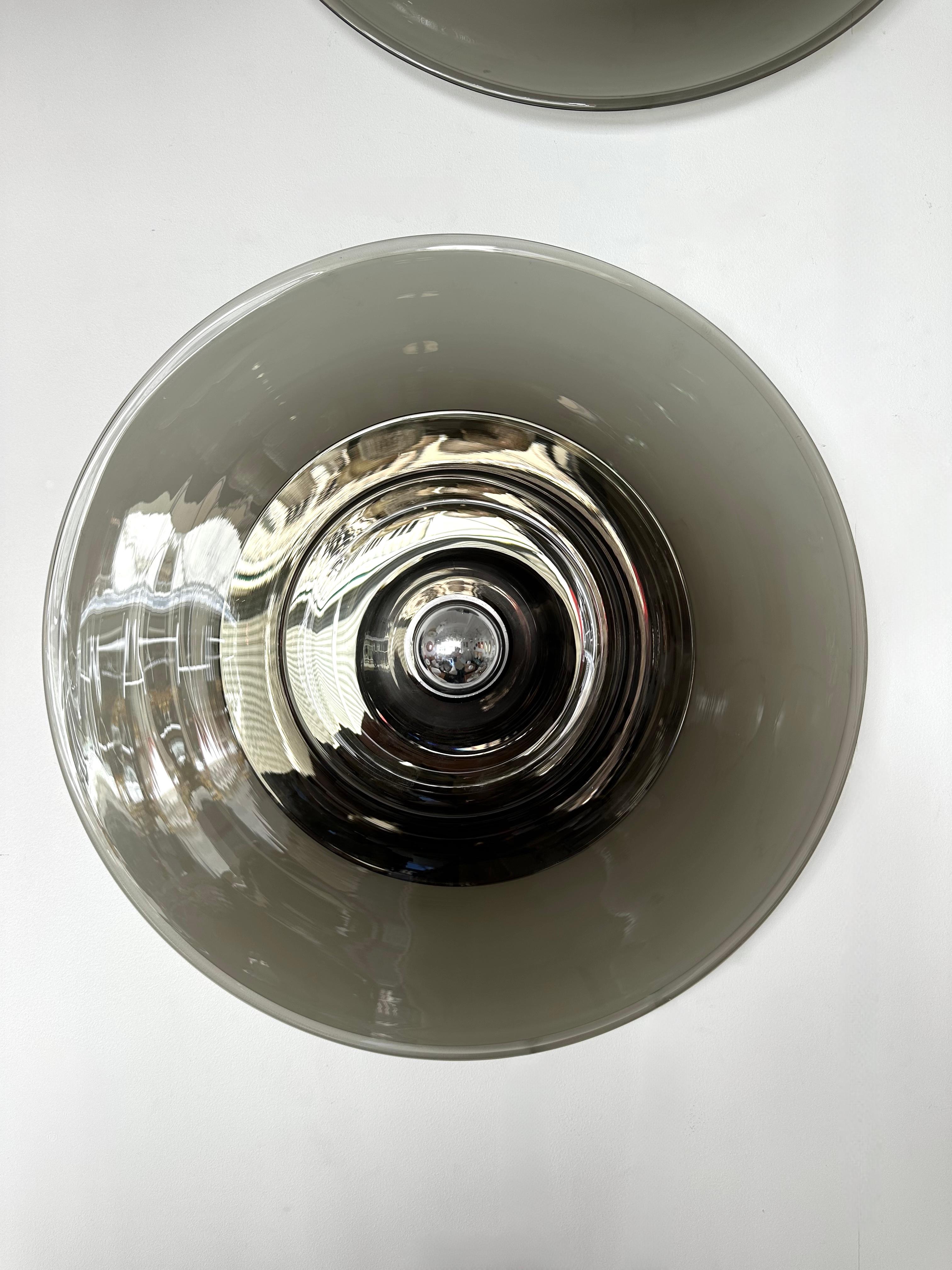 Metal Pair of Sconces Smoke Murano Glass by Pierre Cardin for Venini, Italy, 1970s For Sale