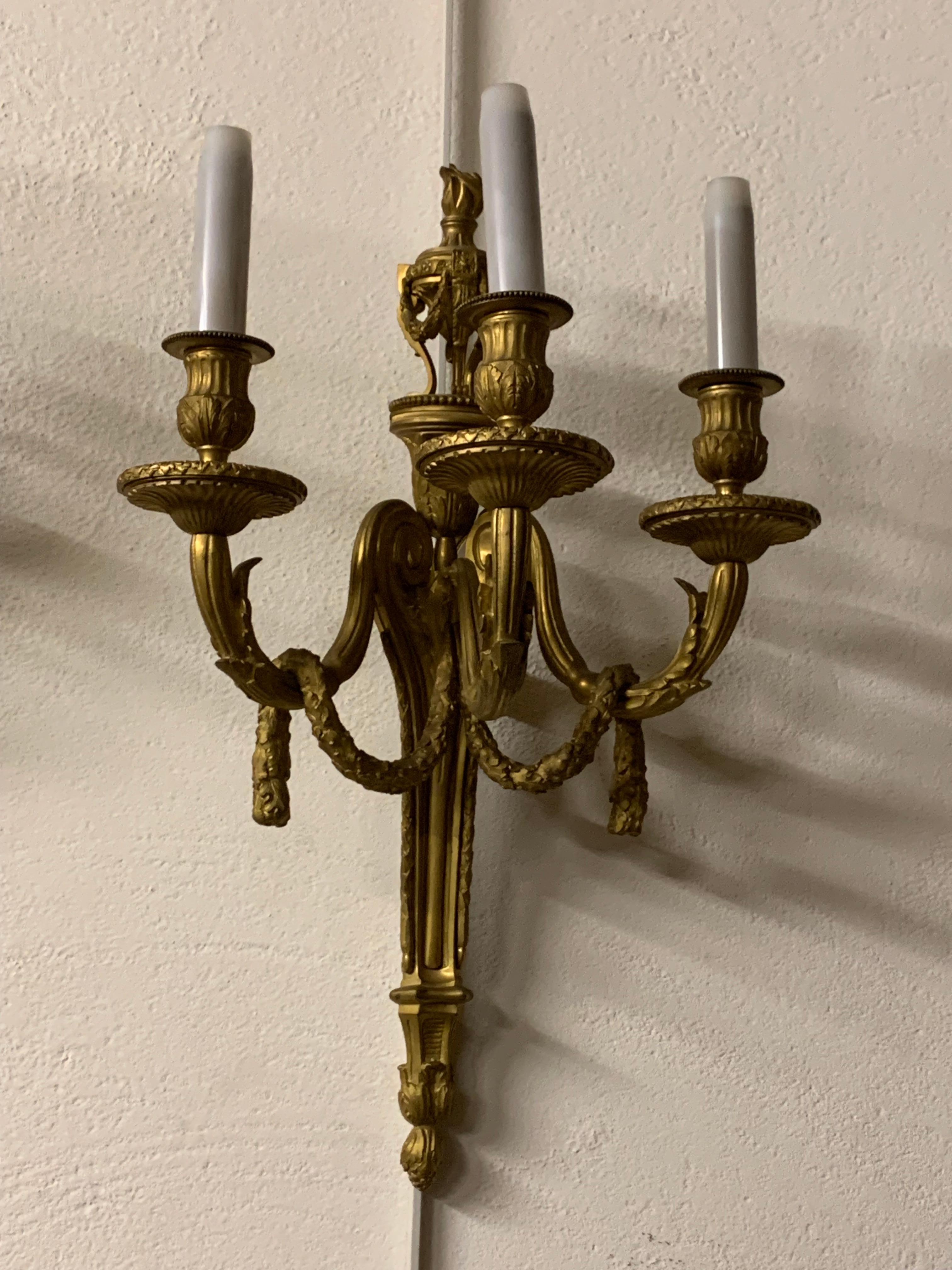 French Pair of sconces three light gilt bronze louis  XVI style For Sale
