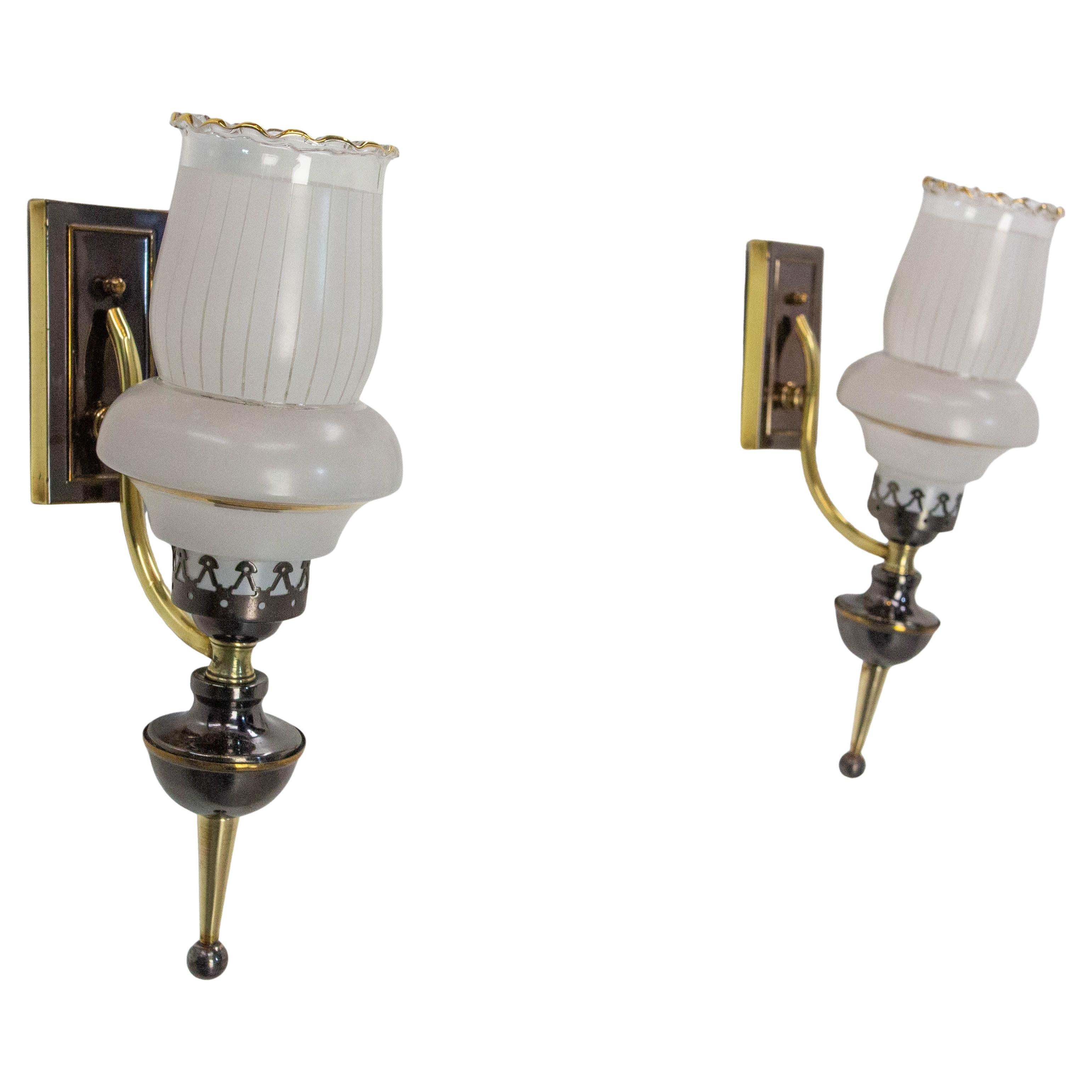 Pair of Sconces Two Colors Brass 
Glass Neo Classical Style circa 1960