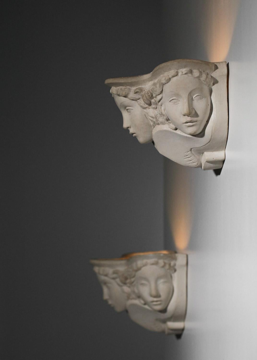 Pair of Sconces Vadim Androusov Art Deco Plaster 3 Mermaid Heads Andre Arbus, G 4