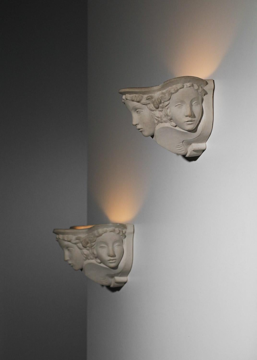 Pair of Sconces Vadim Androusov Art Deco Plaster 3 Mermaid Heads Andre Arbus, G 6