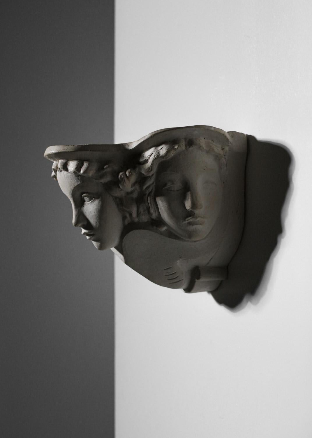 Pair of Sconces Vadim Androusov Art Deco Plaster 3 Mermaid Heads Andre Arbus, G 8