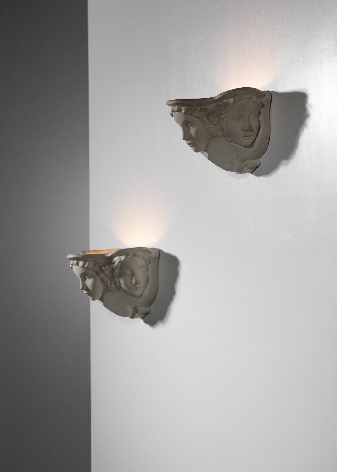 Pair of Sconces Vadim Androusov Art Deco Plaster 3 Mermaid Heads Andre Arbus, G 11