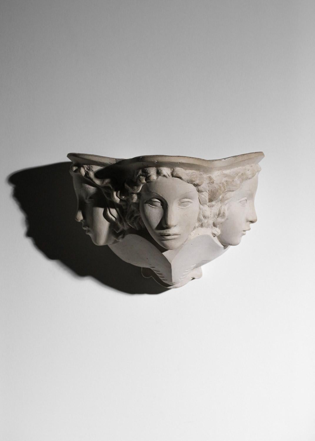 French Pair of Sconces Vadim Androusov Art Deco Plaster 3 Mermaid Heads Andre Arbus, G