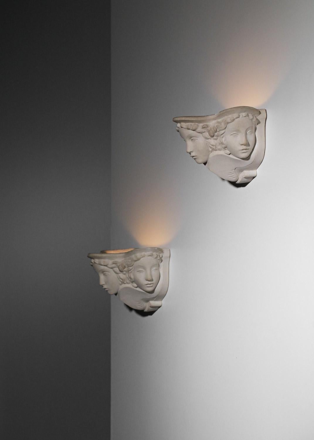 Hand-Carved Pair of Sconces Vadim Androusov Art Deco Plaster 3 Mermaid Heads Andre Arbus, G