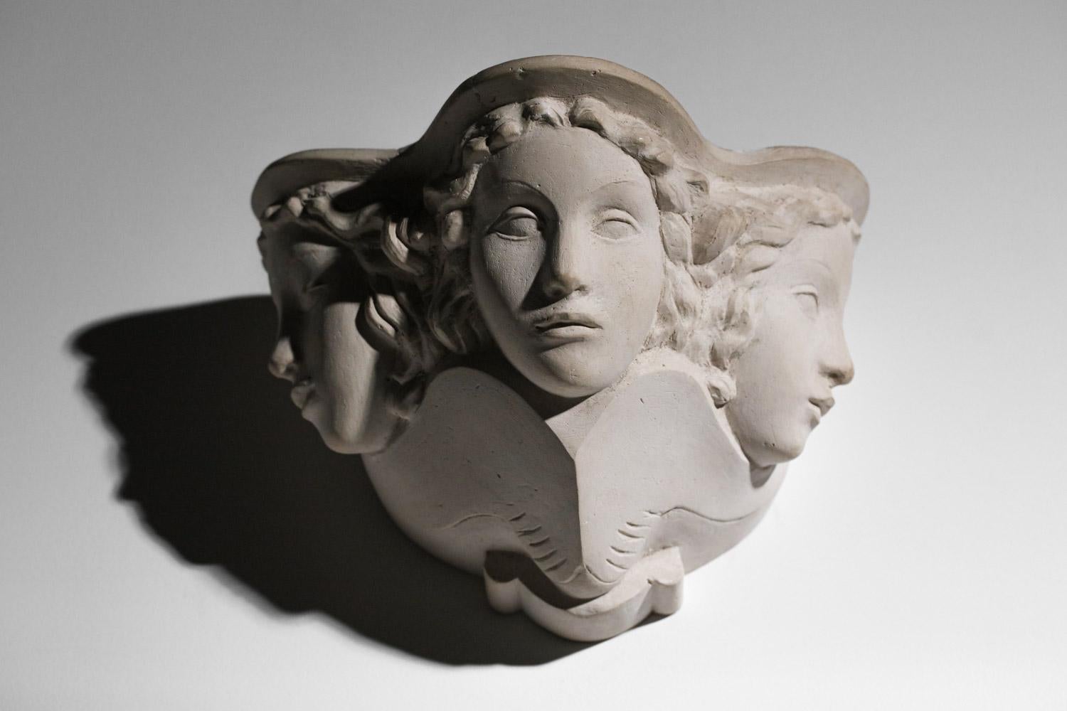 Mid-20th Century Pair of Sconces Vadim Androusov Art Deco Plaster 3 Mermaid Heads Andre Arbus, G