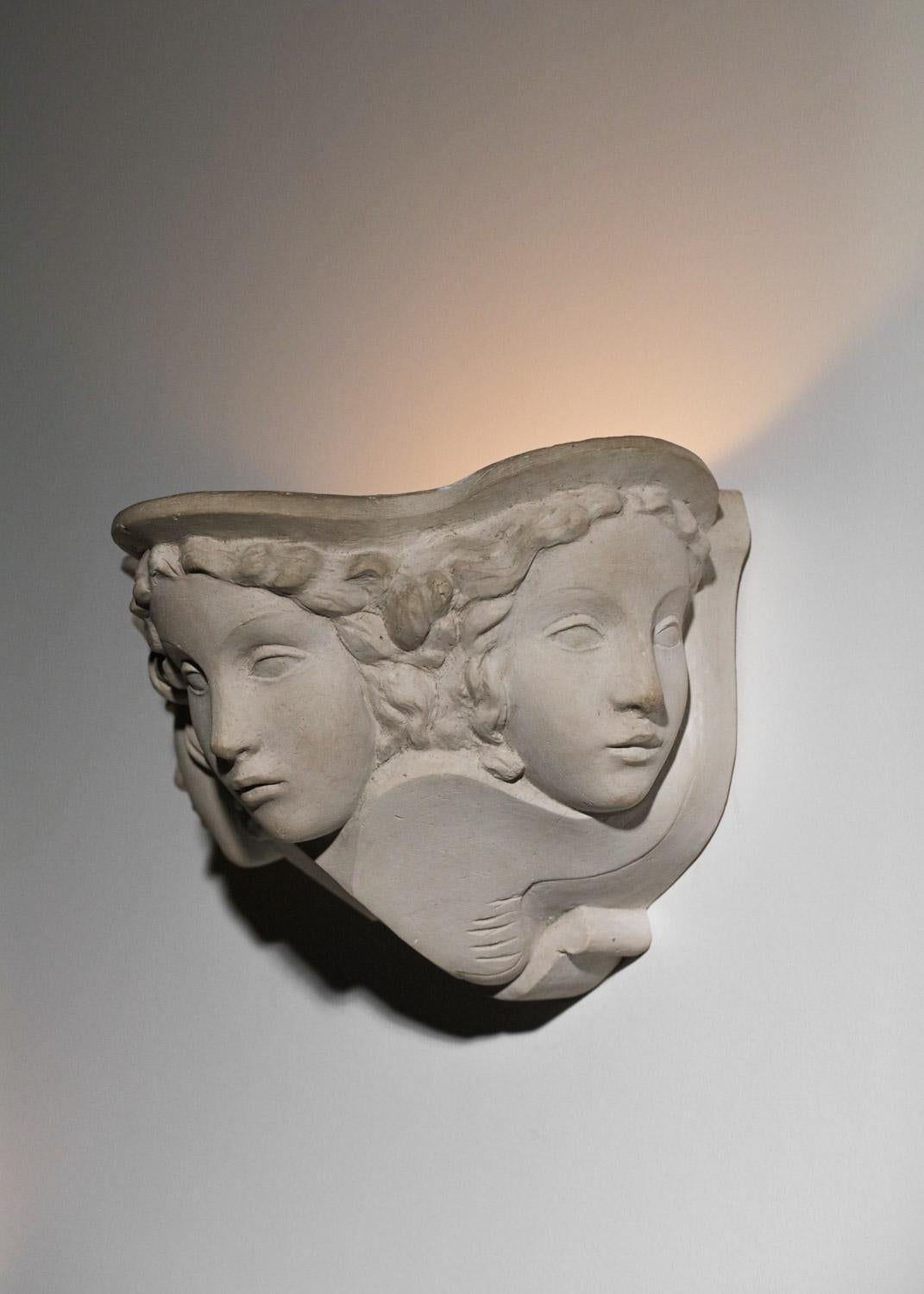 Pair of Sconces Vadim Androusov Art Deco Plaster 3 Mermaid Heads Andre Arbus, G 2