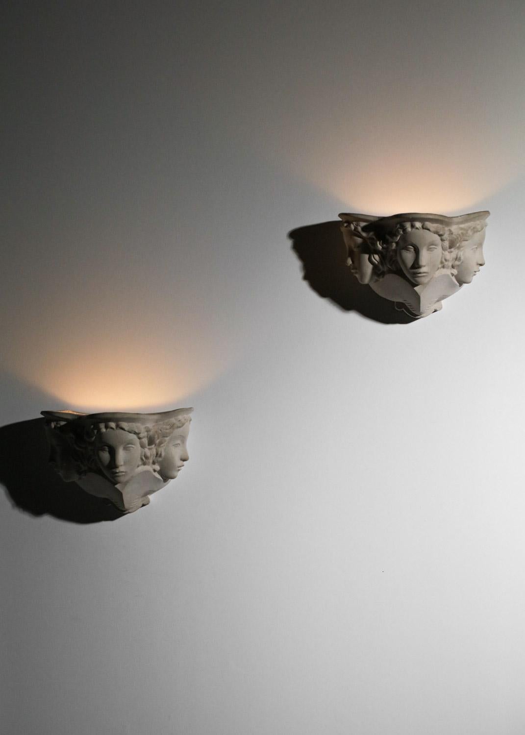 Pair of Sconces Vadim Androusov Art Deco Plaster 3 Mermaid Heads Andre Arbus, G 3