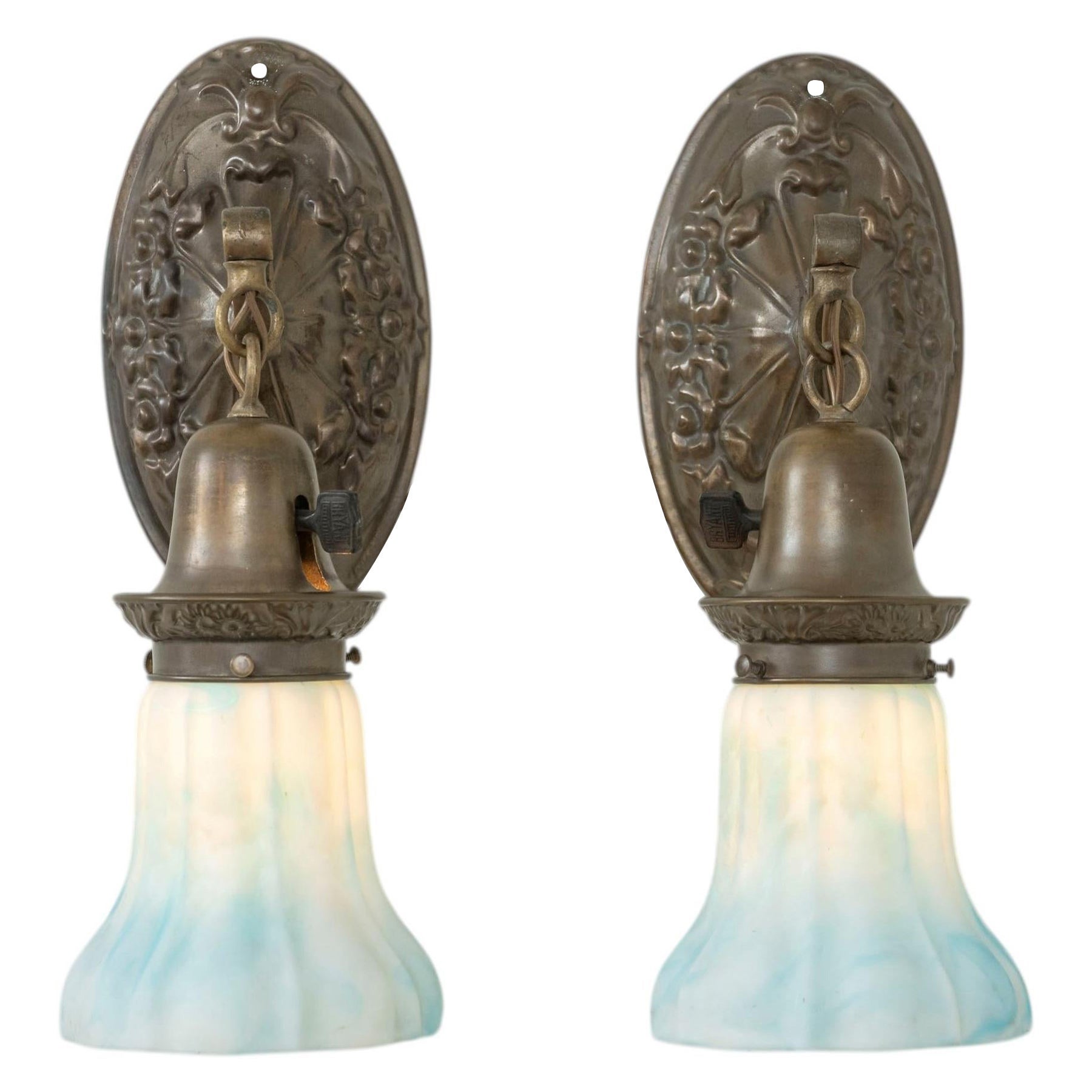 Pair of Sconces w/Blue & White Kokomo Glass Shades ca. 1910